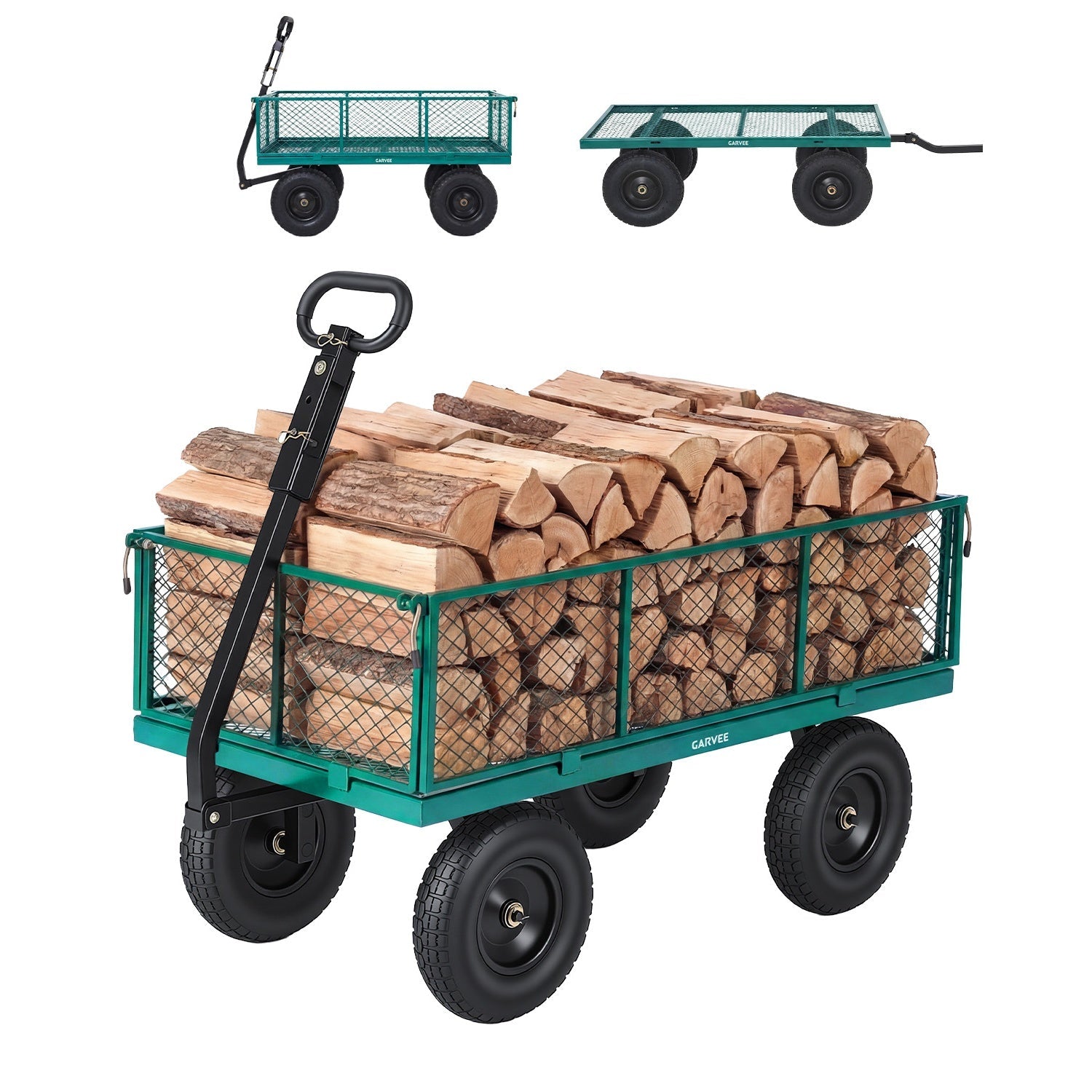 Garvee 1000LBS Heavy Duty Steel Garden Cart Wagon with 13" Pneumatic Tires, Removable Mesh Sides & Rotating Handle, Outdoor Utility Wagon for Garden, Lawn, Yard & Farm, Green