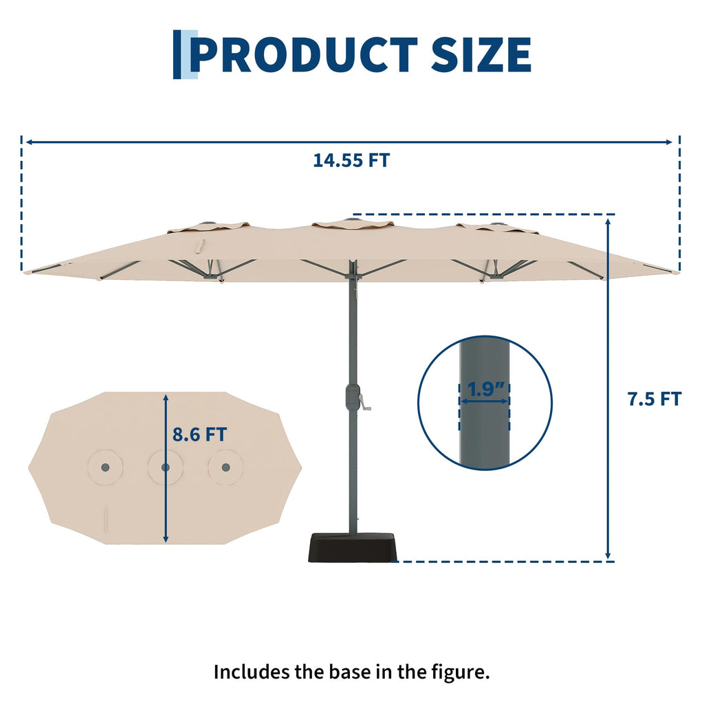 Garvee 9' × 15' Extra Wide Patio Umbrella, 12-Rib Iron Frame, Oxford Canopy, Khaki