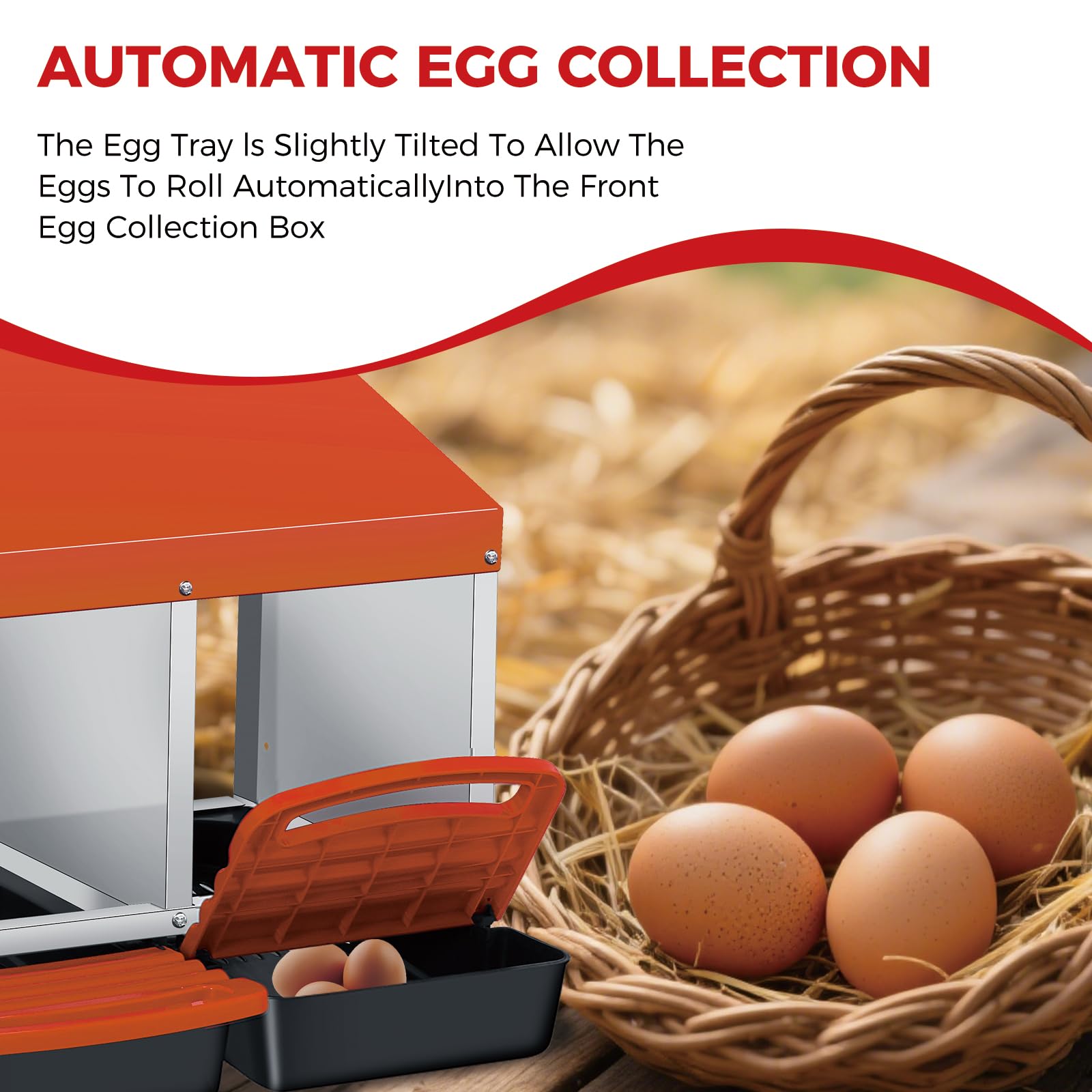 Garvee 3-Compartment Galvanized Steel Chicken Nesting Box – Roll-Away Tray & Support Stand, Orange