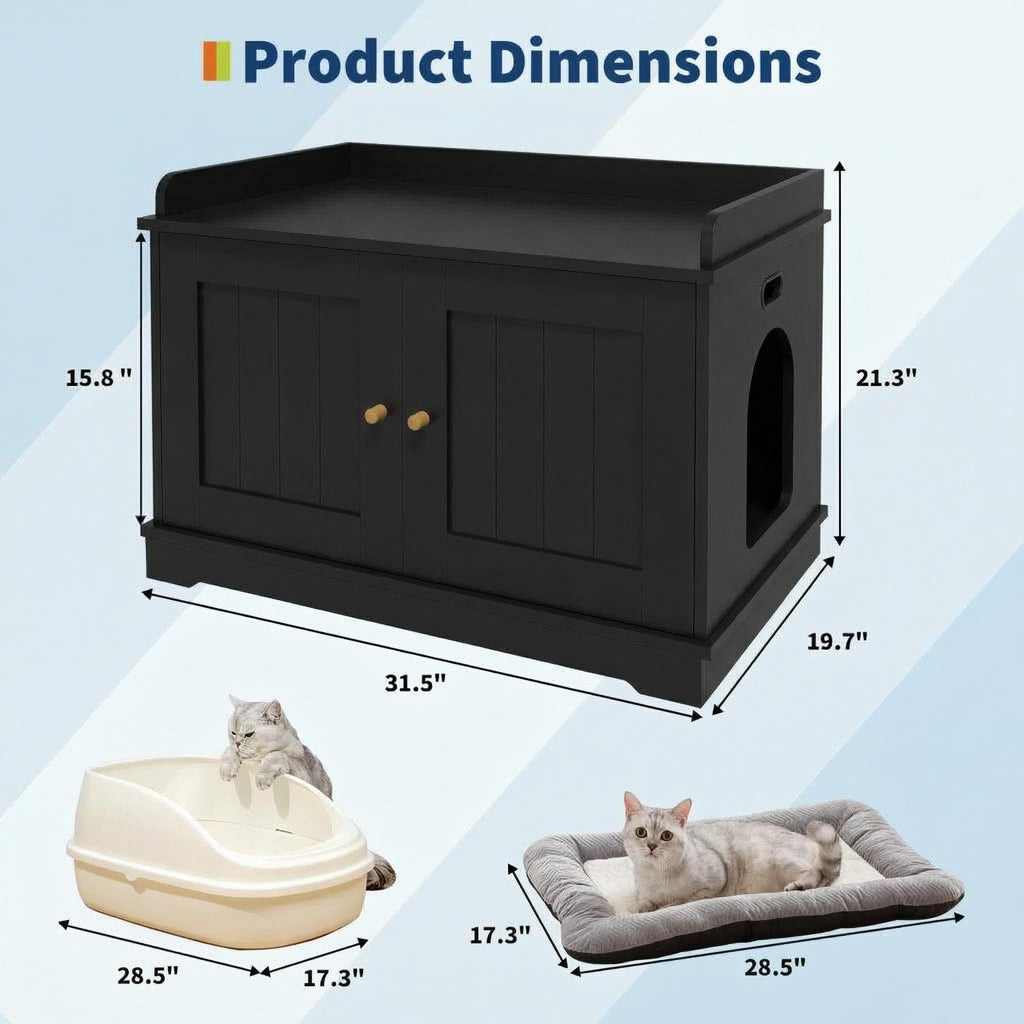 Garvee 31.5" Cat Litter Box Furniture, 2 Doors Cat Litter Box Enclosure for Most Cats, Hidden Cat Cabinet for Living Room Hallway, Smooth Surface & Quick Clean-Up, Black