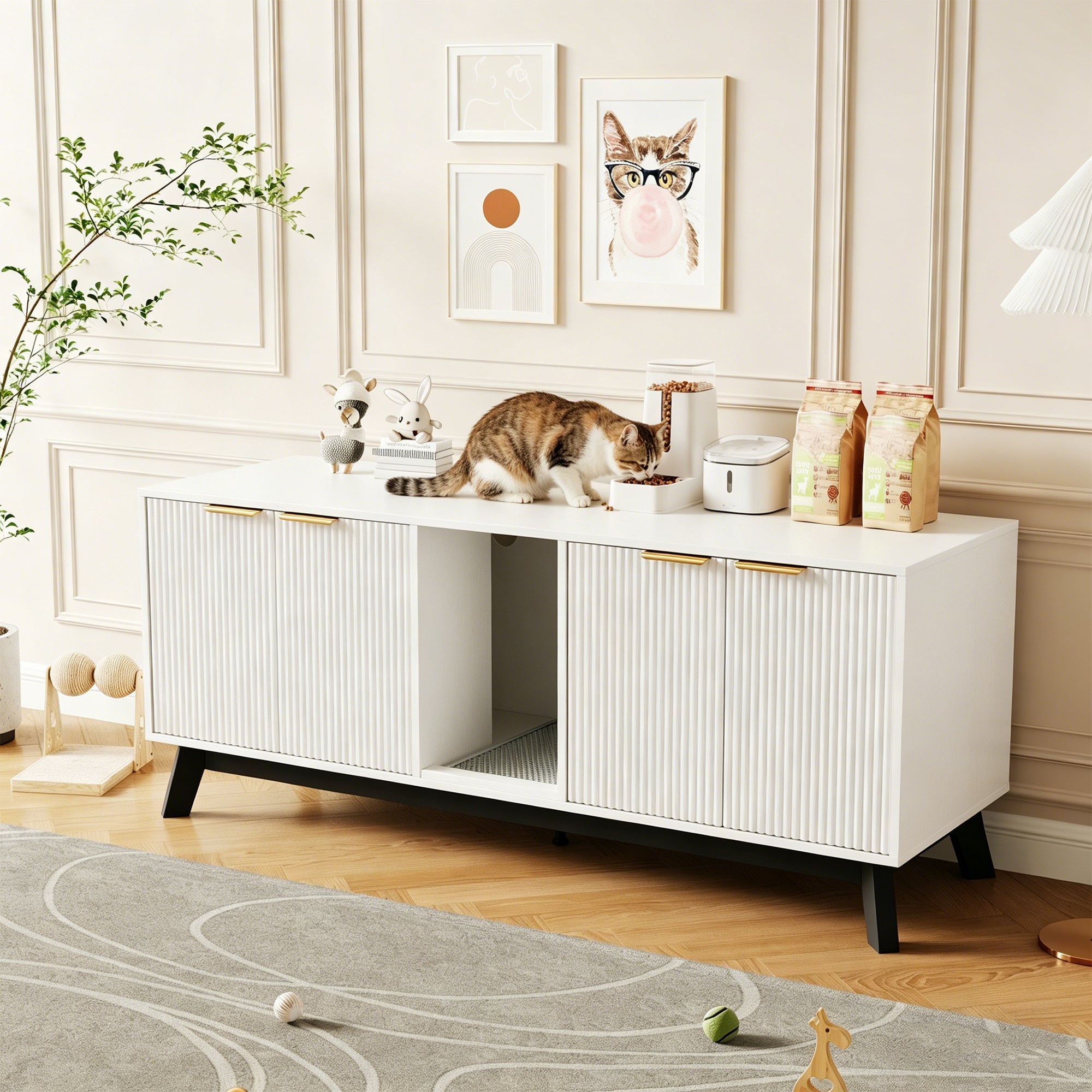 Garvee Double Cat Litter Box Enclosure Furniture, Hidden Litter Box Furniture with Litter Collector & Scratch Pad, Wooden Litter Box Cabinet, Cats House, White