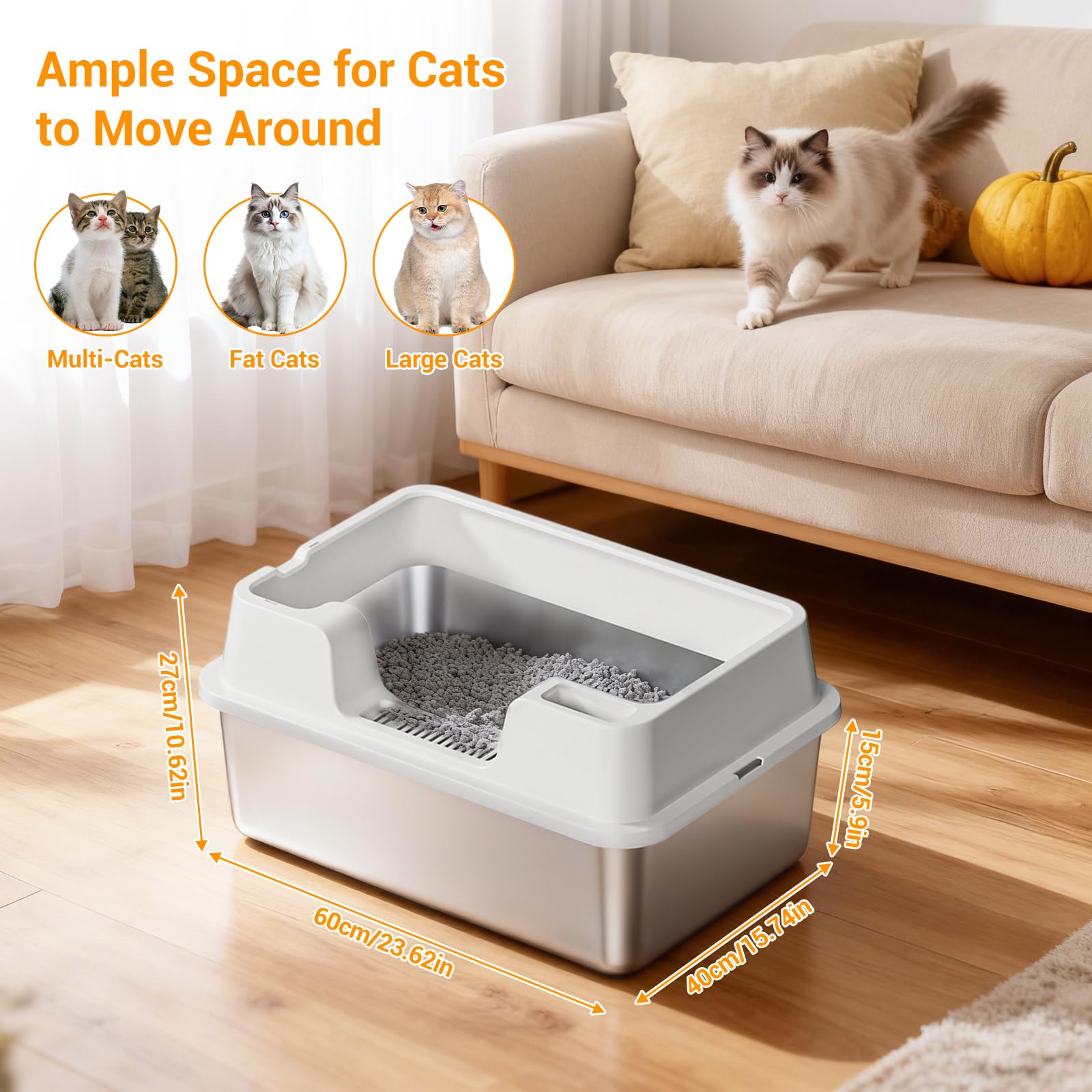 Garvee Extra Large Stainless Steel Cat Litter Box, High Side Litter Box with Non-Stick, Scoop & Odor-Resistant, Metal Cat Pan for Multiple Cats, Rabbits & Small Pets, Easy to Clean, White