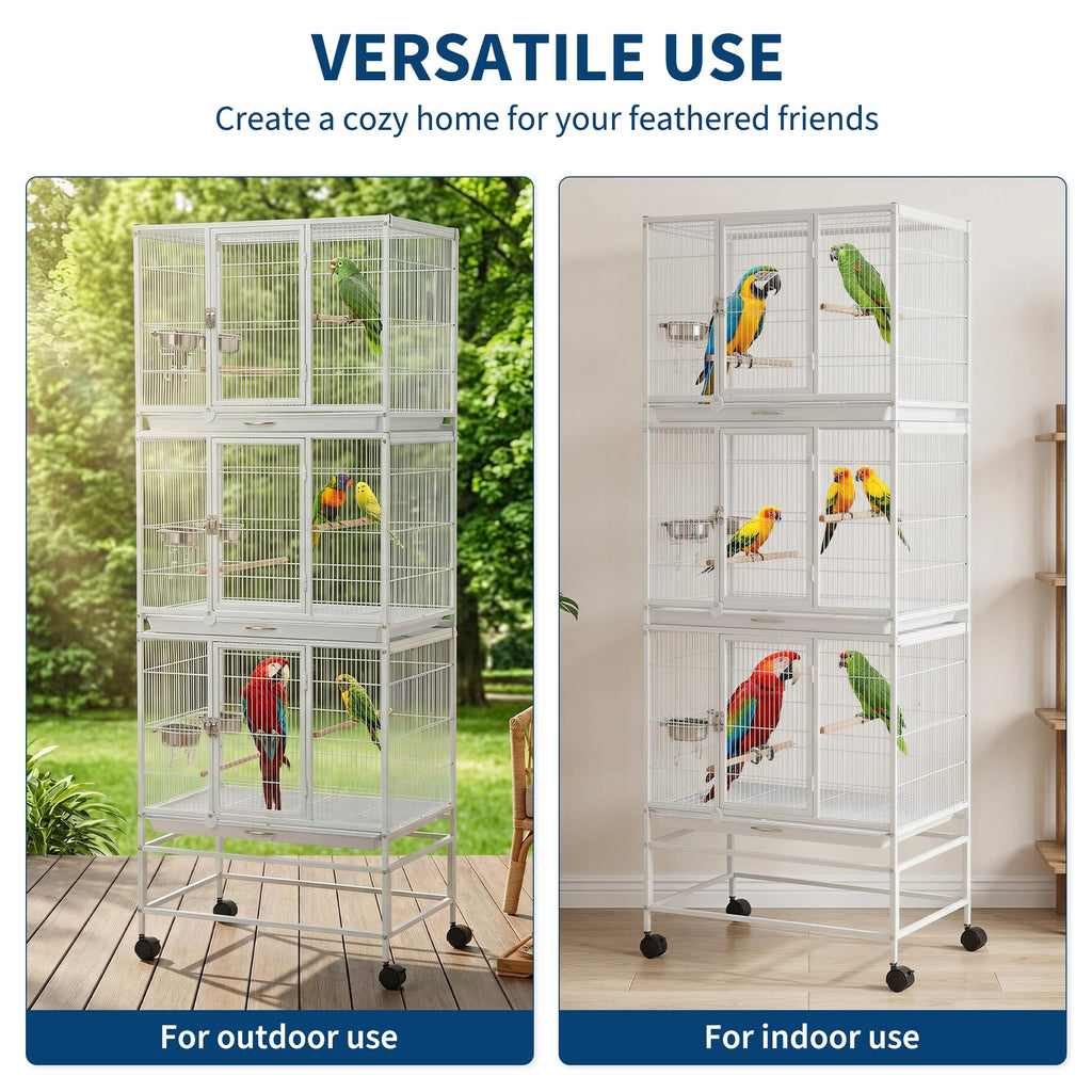 Garvee Heavy Duty Large Bird Cage - 74 Inch Stackable Aviary with 3 Dividable Compartments, Removable Trays, Spacious Flight Enclosure for Parakeets, Cockatiels, Conures, Finches, Easy Clean - White