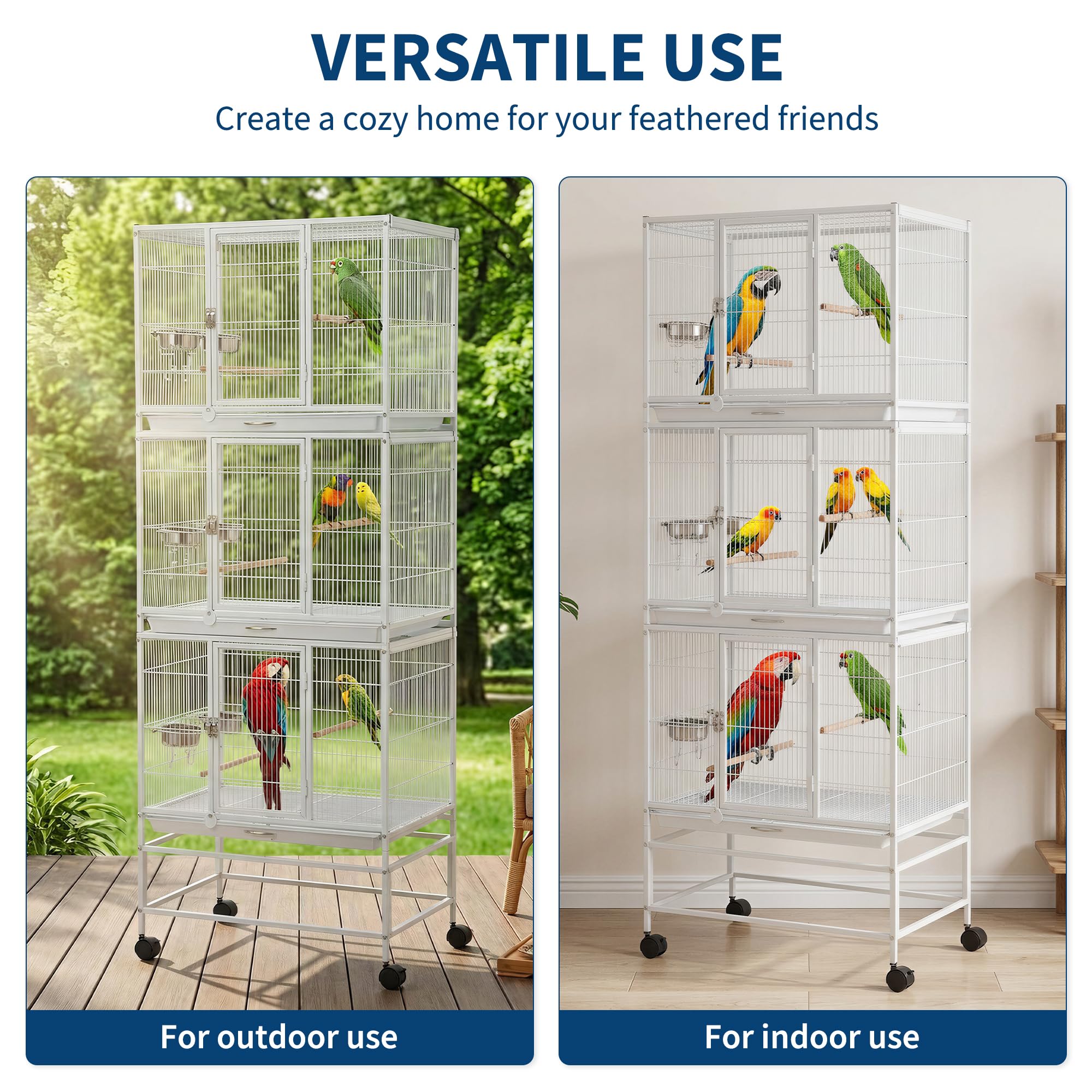 Garvee Heavy Duty Large Bird Cage - 74 Inch Stackable Aviary with 3 Dividable Compartments, Removable Trays, Spacious Flight Enclosure for Parakeets, Cockatiels, Conures, Finches, Easy Clean - White