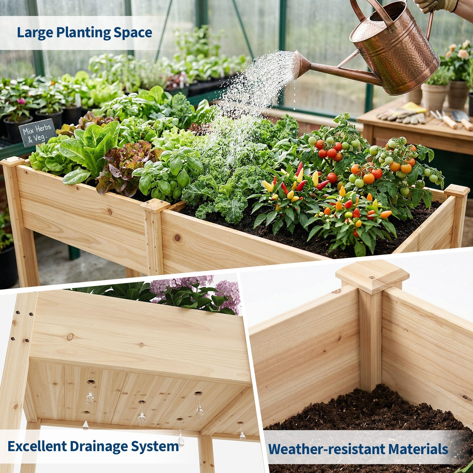 Garvee 72" x 26" Wooden Raised Garden Bed with Legs, Elevated Reinforced Planter Box with Divider Panel & Drainage Holes, Natural Fir Wood Garden Planter for Vegetables, Herbs, Flowers, Patio, Balcony & Backyard