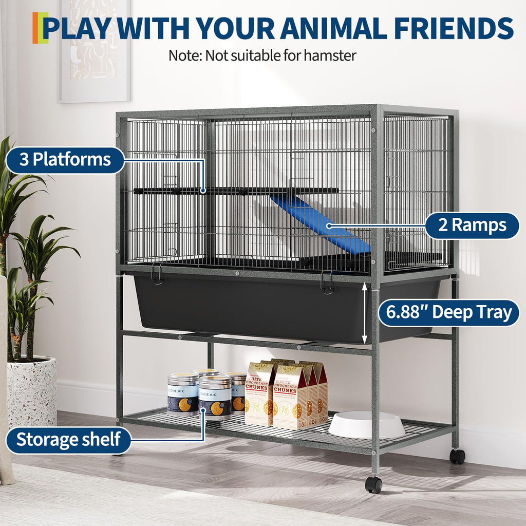 Garvee Ferret Cage, 40.4" h Large Ferret Nation Cage with 3 Removable Platforms, Deep Tray, Storage Shelf, Metal Small Animal Cages on Wheels for Sugar Glider, Guinea Pigs, Chinchillas, Rabbit