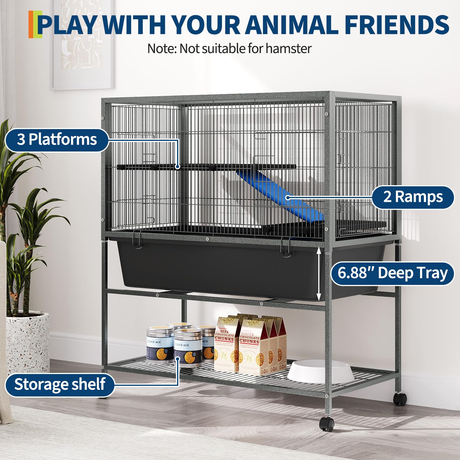 Garvee Ferret Cage, 40.4" h Large Ferret Nation Cage with 3 Removable Platforms, Deep Tray, Storage Shelf, Metal Small Animal Cages on Wheels for Sugar Glider, Guinea Pigs, Chinchillas, Rabbit