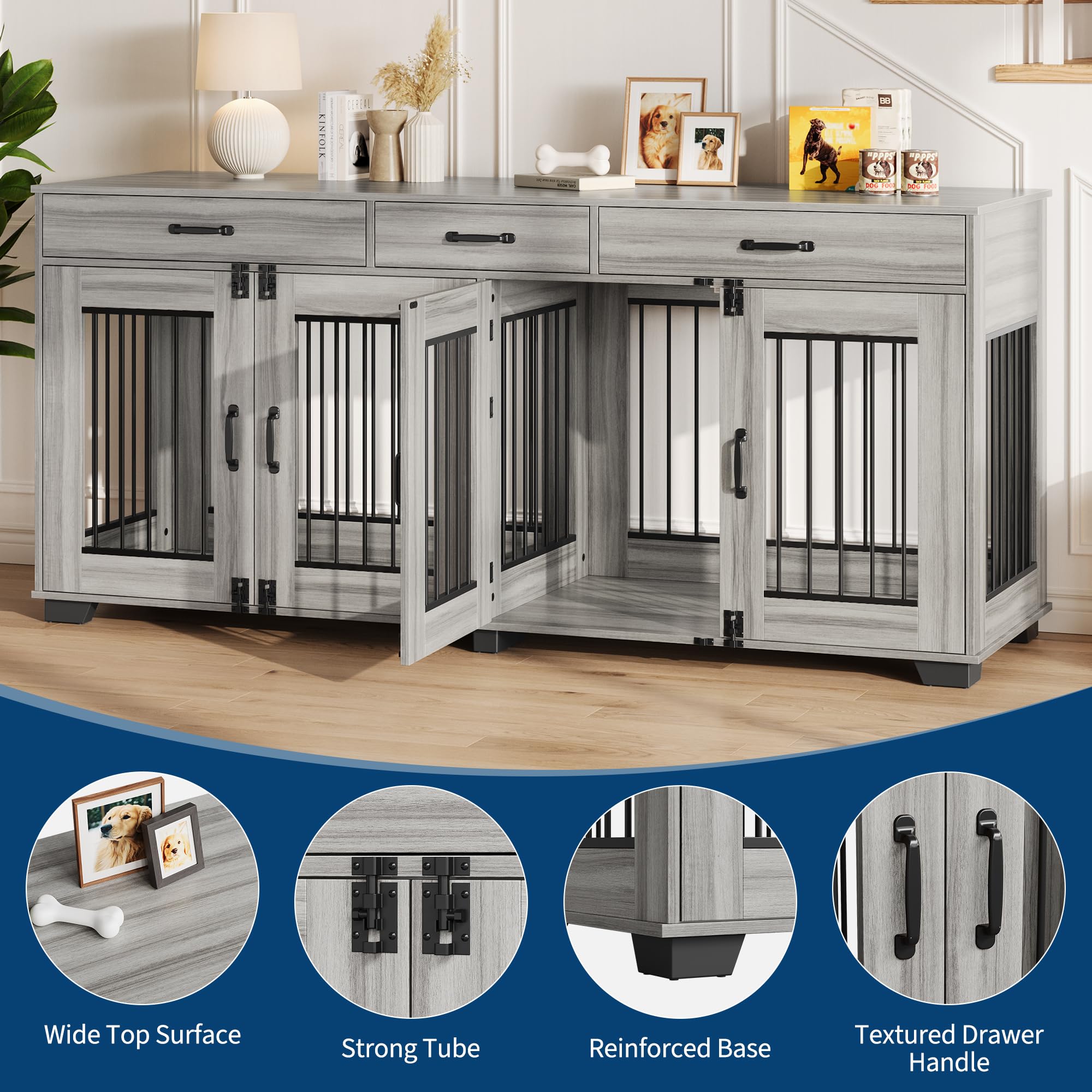 Garvee 71" Double Wooden Dog Crate Furniture for 2 Dogs, Heavy Duty, Spacious, MDF & Iron, Three-Drawer Storage, TV Stand, Small to Large Dogs