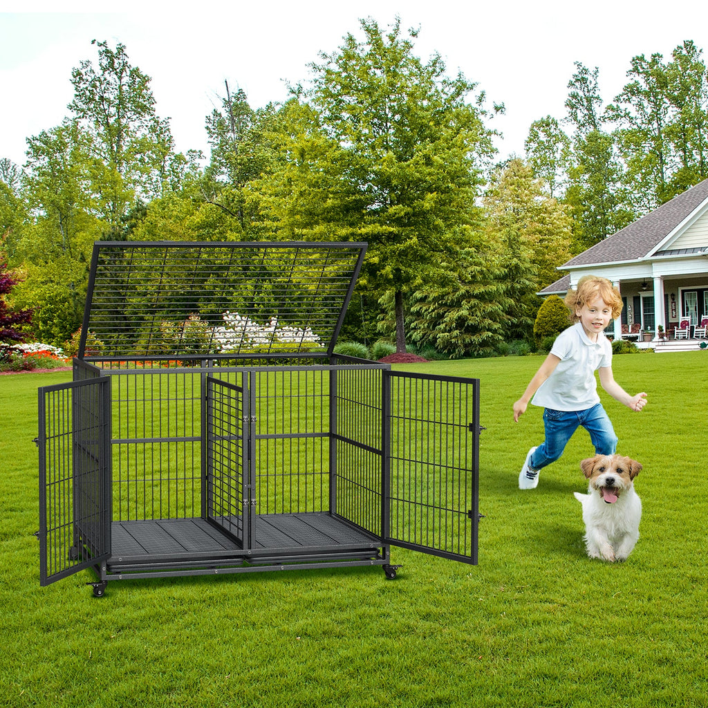 Garvee Heavy Duty Dog Crate, 48 Inch Dog Crate with Double Door, 360° Lockable Wheels and Removable Tray, Easy to Assembly, Indoor Outdoor Dog Cage for Small Medium Large Dogs