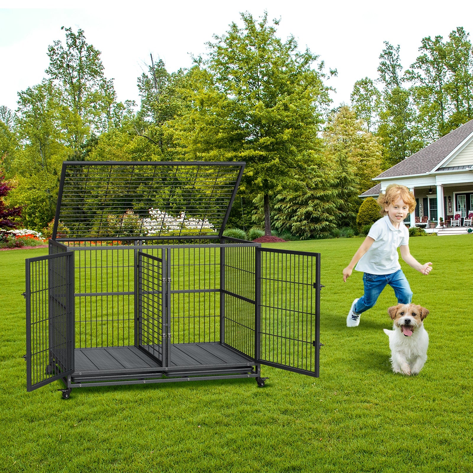 Garvee Heavy Duty Dog Crate, 48 Inch Dog Crate with Double Door, 360° Lockable Wheels and Removable Tray, Easy to Assembly, Indoor Outdoor Dog Cage for Small Medium Large Dogs