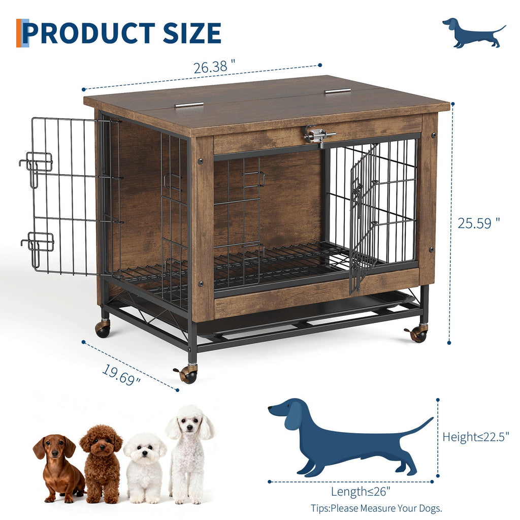 Garvee Small Dog Crate Furniture with 2 Doors and Wheels, Top-Opening Heavy Duty Wooden Indoor Kennel Dog House Cage with Anti-Chew, Removable Tray, Side End Table for Small Medium Dogs, Brown