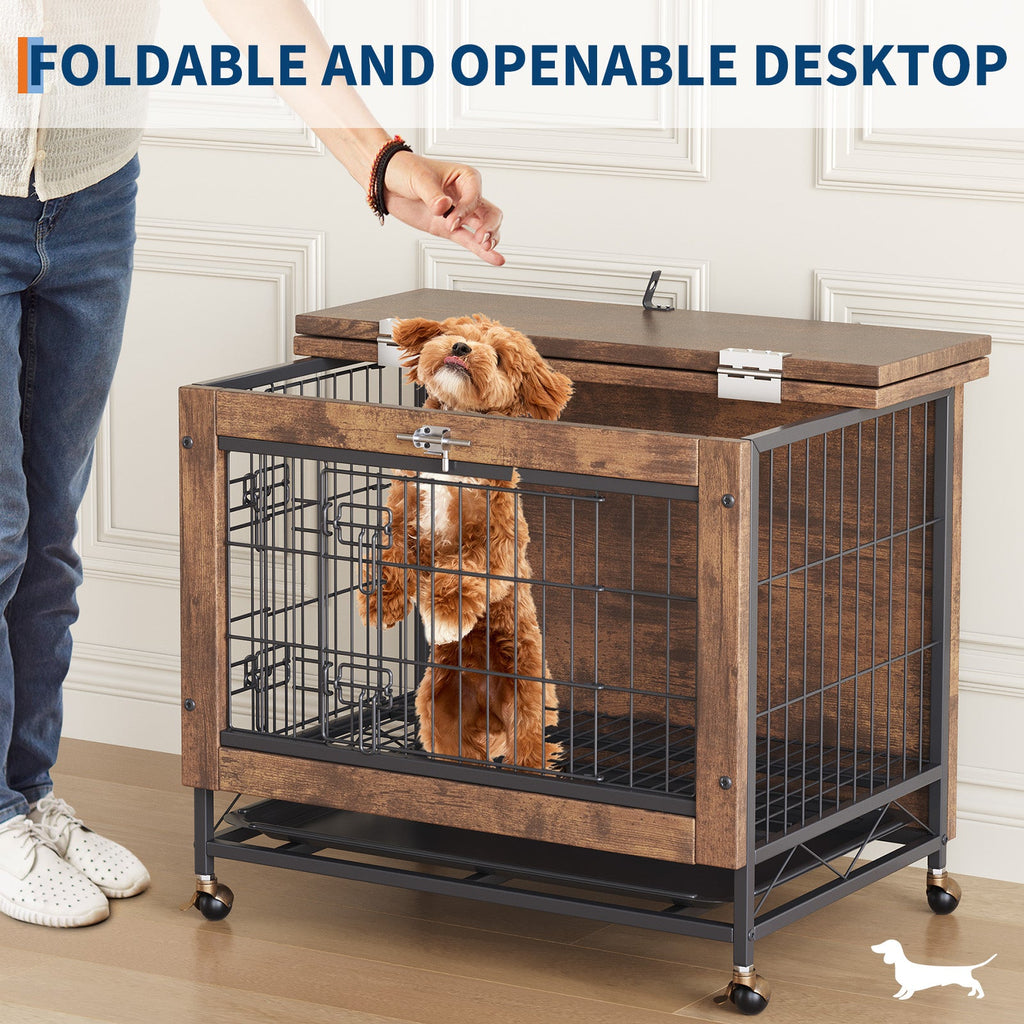Garvee Small Dog Crate Furniture with 2 Doors and Wheels, Top-Opening Heavy Duty Wooden Indoor Kennel Dog House Cage with Anti-Chew, Removable Tray, Side End Table for Small Medium Dogs, Brown