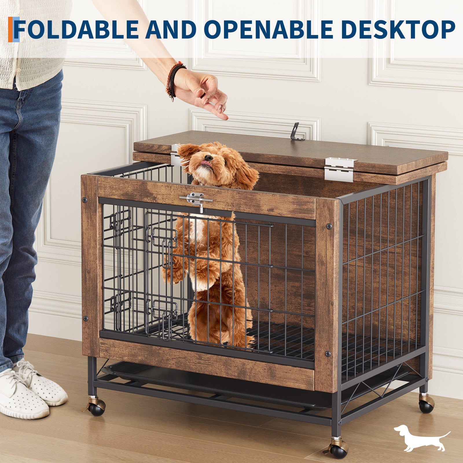 Garvee Small Dog Crate Furniture with 2 Doors and Wheels, Top-Opening Heavy Duty Wooden Indoor Kennel Dog House Cage with Anti-Chew, Removable Tray, Side End Table for Small Medium Dogs, Brown