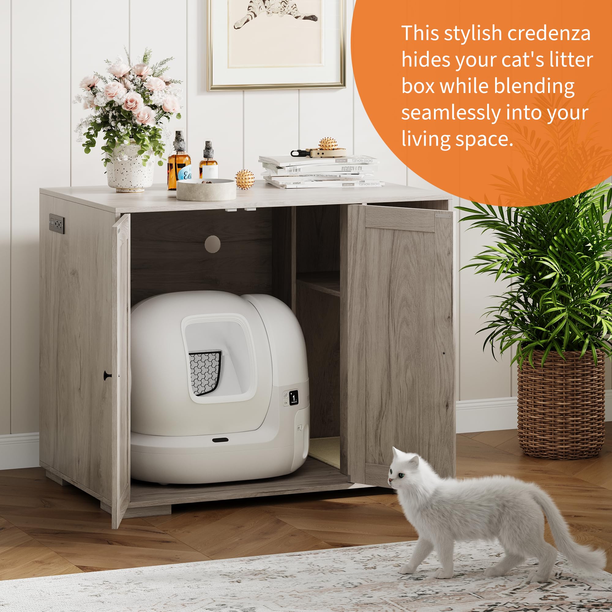 Garvee Dog-Proof Large Cat Litter Box Enclosure with Scratch Pad, Automatic Cleaning, Power Outlet, Wood Material, Dog-Proof Shelf, Spacious Design, Home Use