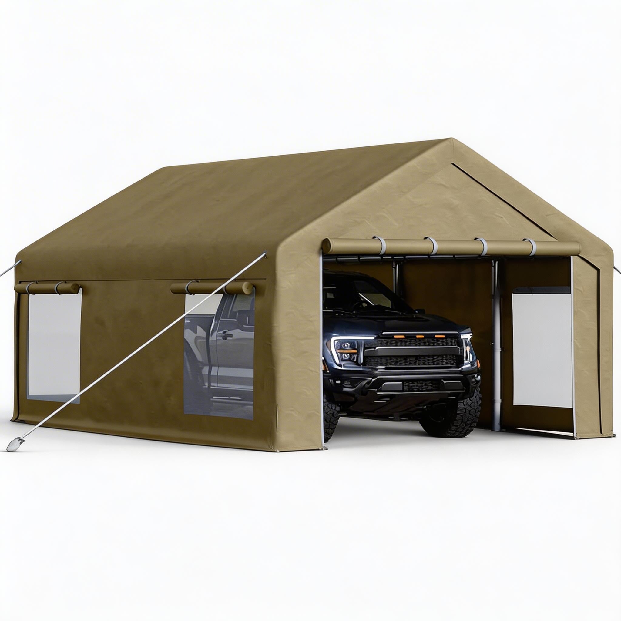 Garvee 10' × 20' Portable Garage, 200 GSM PE Carport Canopy with 2 Roll-Up Doors, 4 Mesh Windows, Galvanized Steel Frame, Khaki