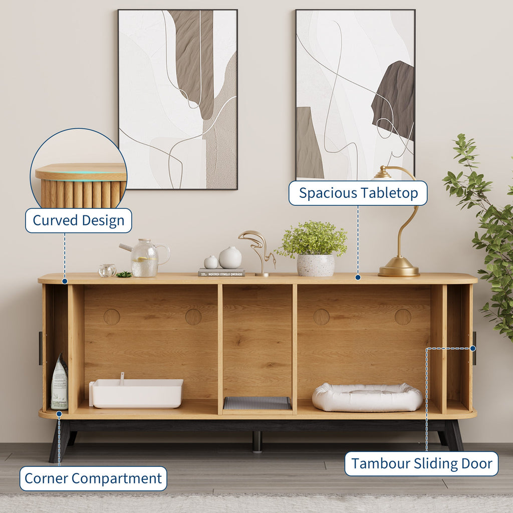 Garvee Multi-Functional Cat Litter Box Enclosure for 2 Cats, 59" Large Wooden Pet House - Hidden Litter Box Furniture - Sliding Door Access - Cat Litter Mat Included - TV Stand Side Table - Color: Natural Wood