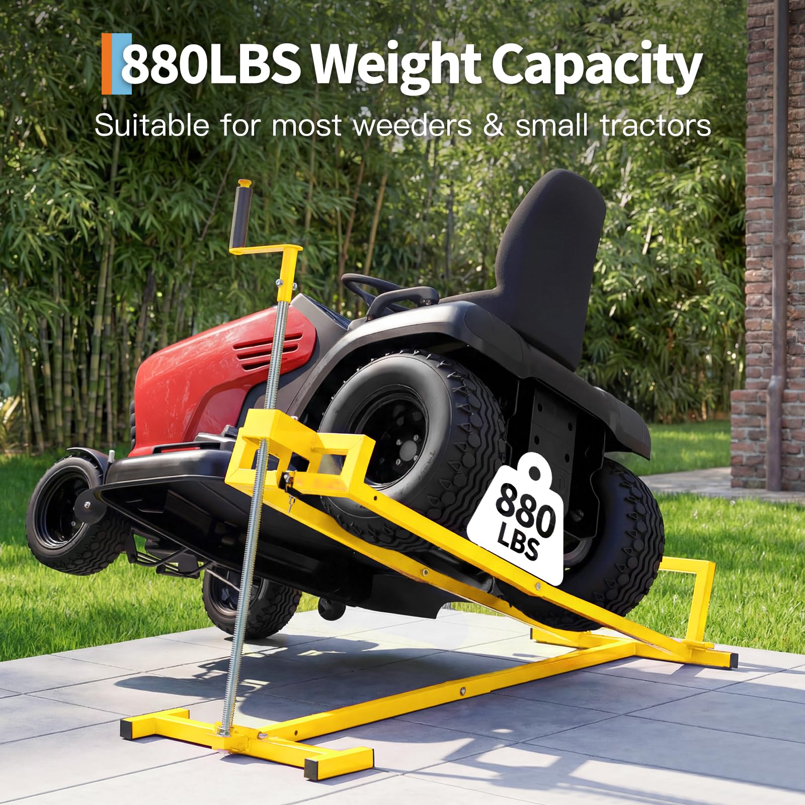 Garvee 880 lbs Heavy Duty Telescoping Lawn Mower Lift Jack - Manual Crank & Power Drill Compatible Hoist for Riding Tractors, Zero-Turn Mowers, & ATVs (Yellow)