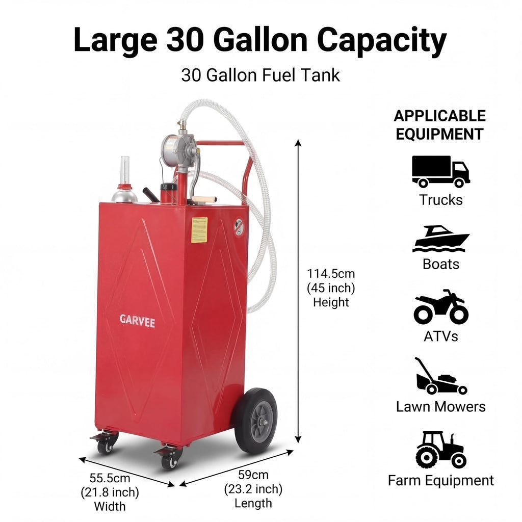Garvee 30 Gallon Heavy Duty Steel Fuel Caddy with Manual Rotary Pump - All-Terrain 4-Wheel Portable Gas & Fuel Injector Transfer Tank - Leak-Proof Mobile Storage for Trucks, Boats, ATVs, Lawn Mowers, Farm Equipment - Reinforced 4-Wheeler, Red - Li Junjie