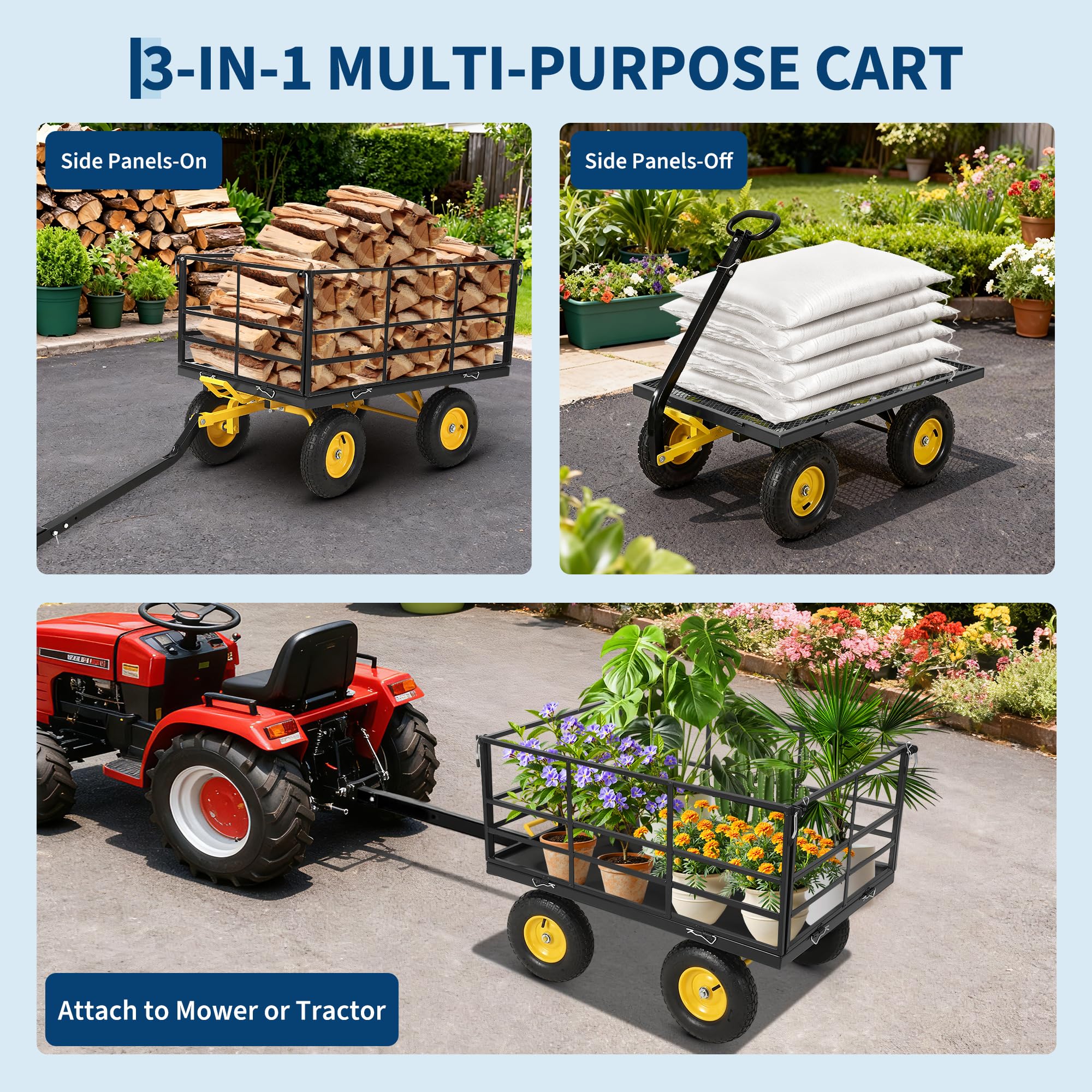 Garvee 1500 LB Garden Dump Cart with 13 in All Terrain Tires, 3-in-1 Yard Wagon Cart with Removable Side Panels, Heavy Duty Outdoor Metal Utility Wagon Yard Trailer for Outdoor Lawn, Yard, Backyard