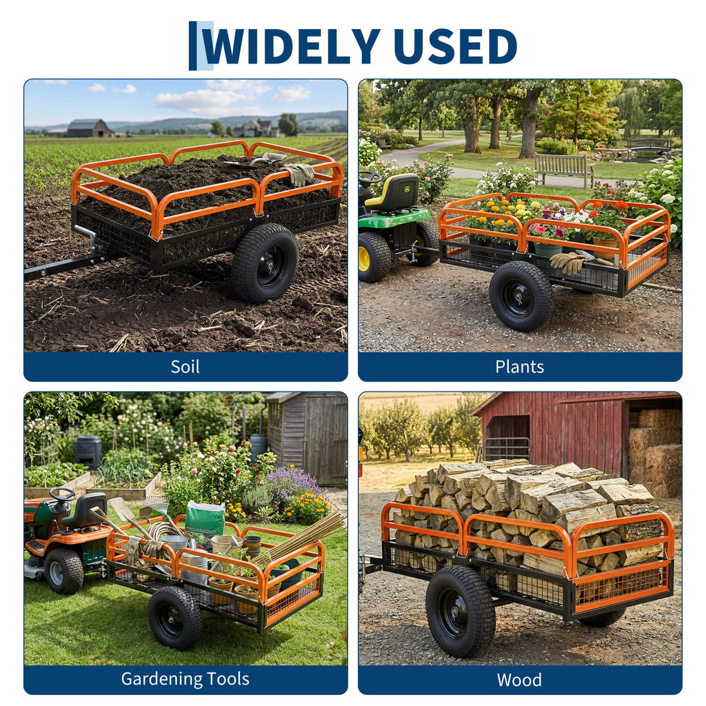 Garvee Orange Dump Cart, 1500 lbs 15 Cu Ft Heavy Duty Steel Garden Utility Trailer with Removable Sides, Quick Release & Pneumatic Tires for Lawn Mower, ATV, UTV, Tractor