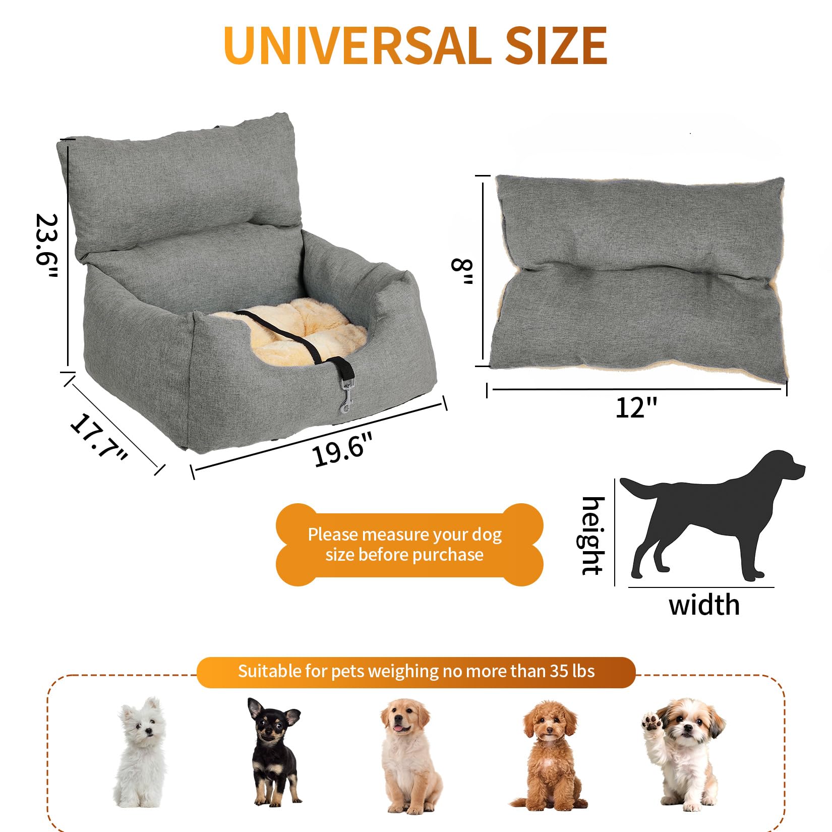 Garvee Dog Booster Car Seat Bed for Small Dogs Up to 18 LB, Portable Elevated Puppy Travel Car Seat with Tether & Reversible Cushion for Front and Back Use, Grey