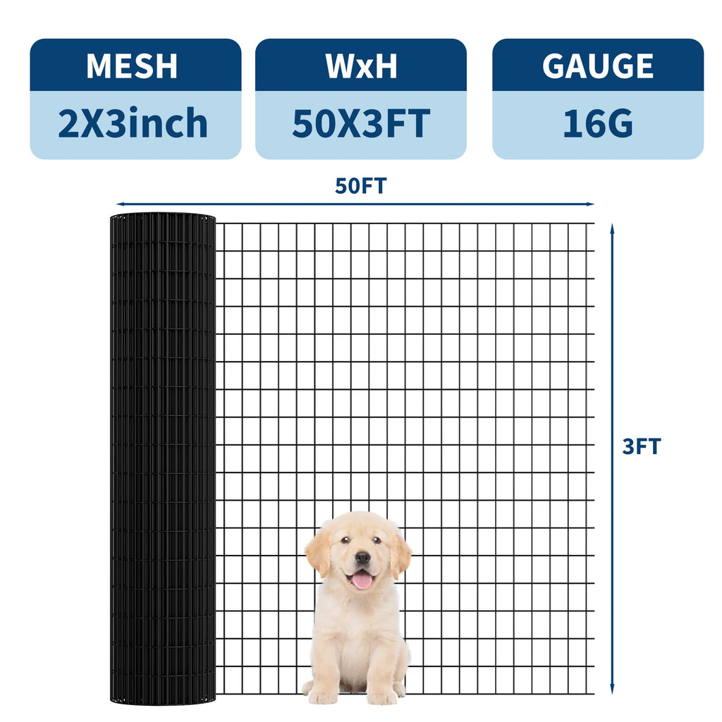 Garvee PVC Coated Welded Wire Fence Roll, 36 Inch x 50 Foot Black Vinyl Metal Mesh Fencing, 16 Gauge Galvanized Wire with 2 in x 3 in Mesh, Heavy-Duty Garden Border Pen for Vegetables, Plants & Poultry