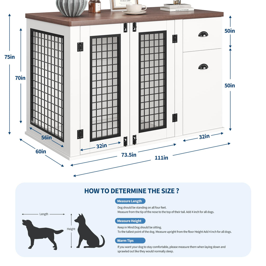 Garvee Dog Crate Furniture, Pet Kennel for Small to Medium Dogs, White Wooden Pet House with Drawers and Side Cabinets, Multi-Functional Dog Cage for Indoor Use, White