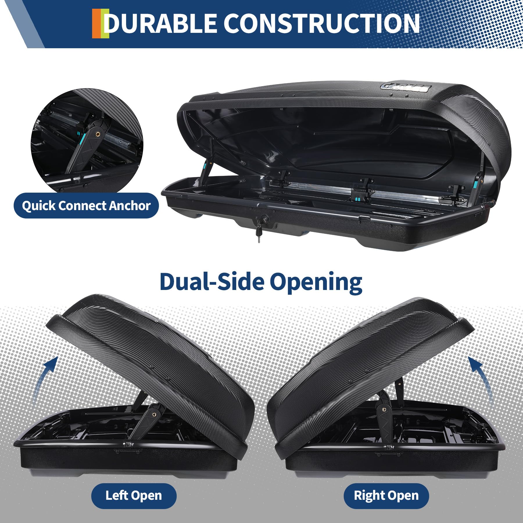 Garvee 13.5 Cubic Feet Rooftop Cargo Box, Hard Shell Roof Cargo Carrier with Dual-Side Opening, 135 lbs Capacity, Lockable ABS Storage for SUVs, Travel, and Camping