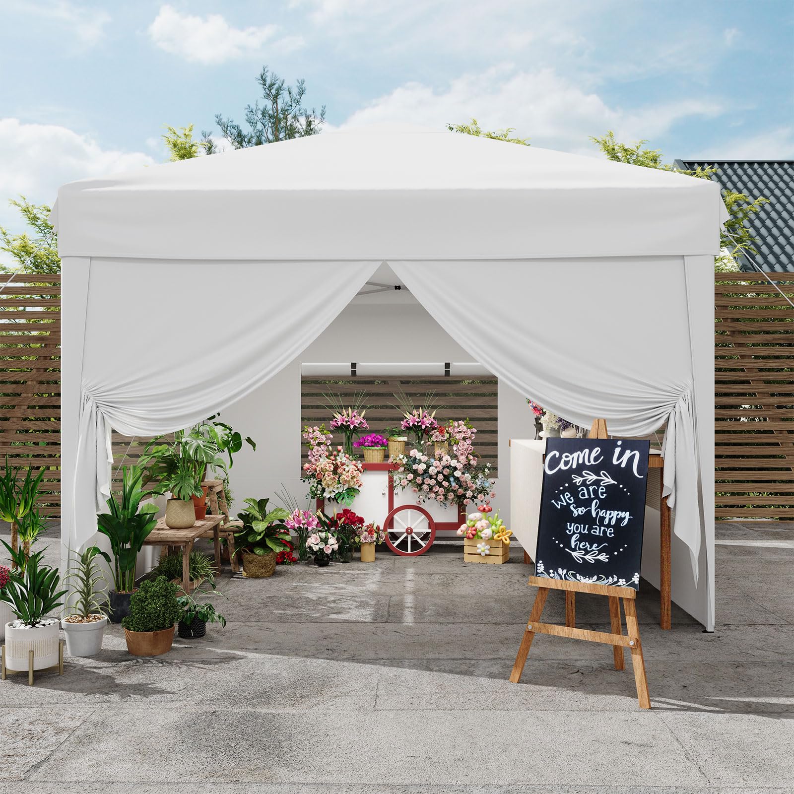 Garvee 10x10 Pop Up Canopy Tent with 4 SideWalls, Easy Up Canopy with 3 Adjustable Height, Outdoor Sun Shade with 4 Sandbags & Carrying Bag for Camping, Parties,Outdoor Events-White