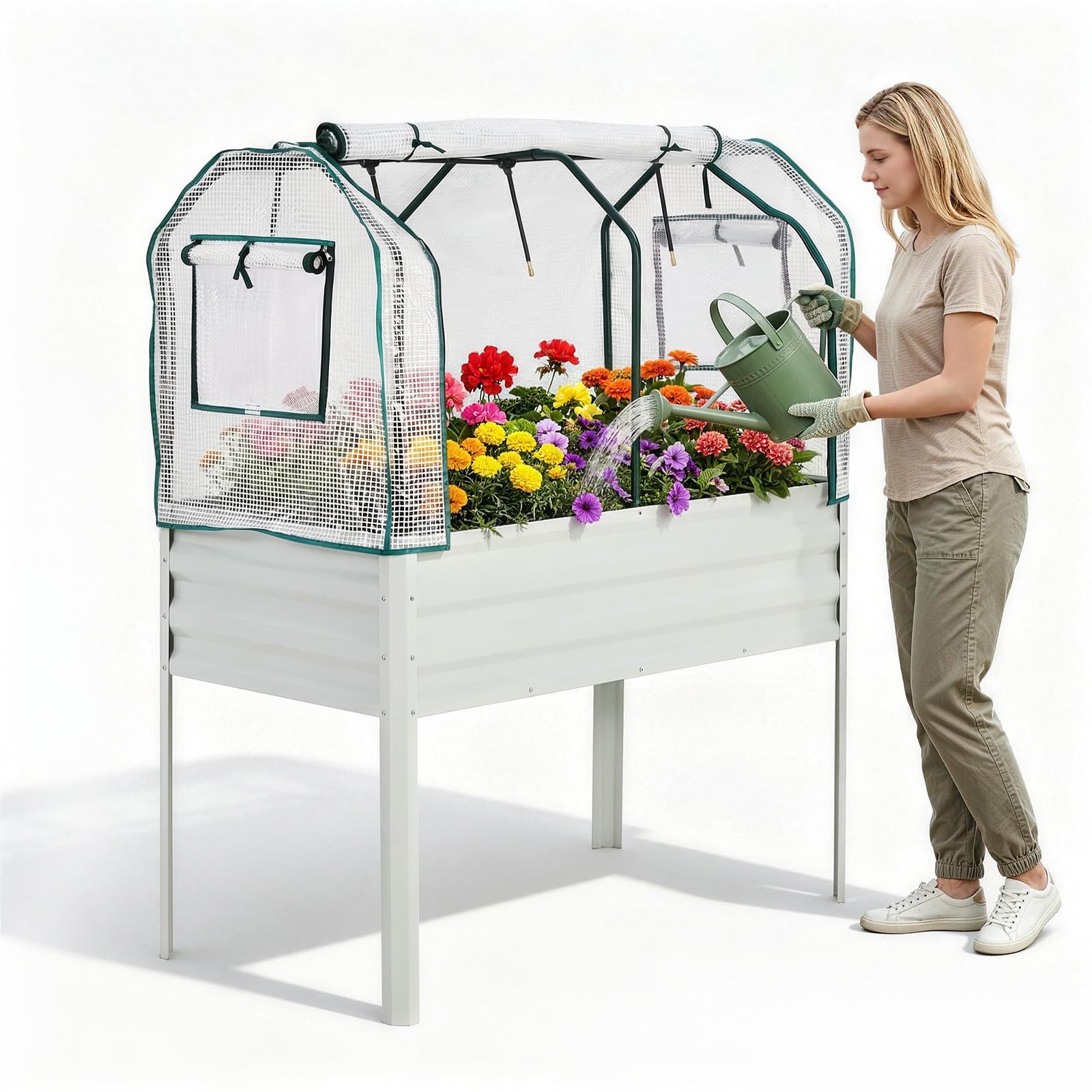 Garvee Elevated Garden Planter, 48 x 24 x 55-Inch Galvanized Metal Raised Bed with Greenhouse Cover, Bird Net and 4 Plant Signs for Patio and Balcony, Gray