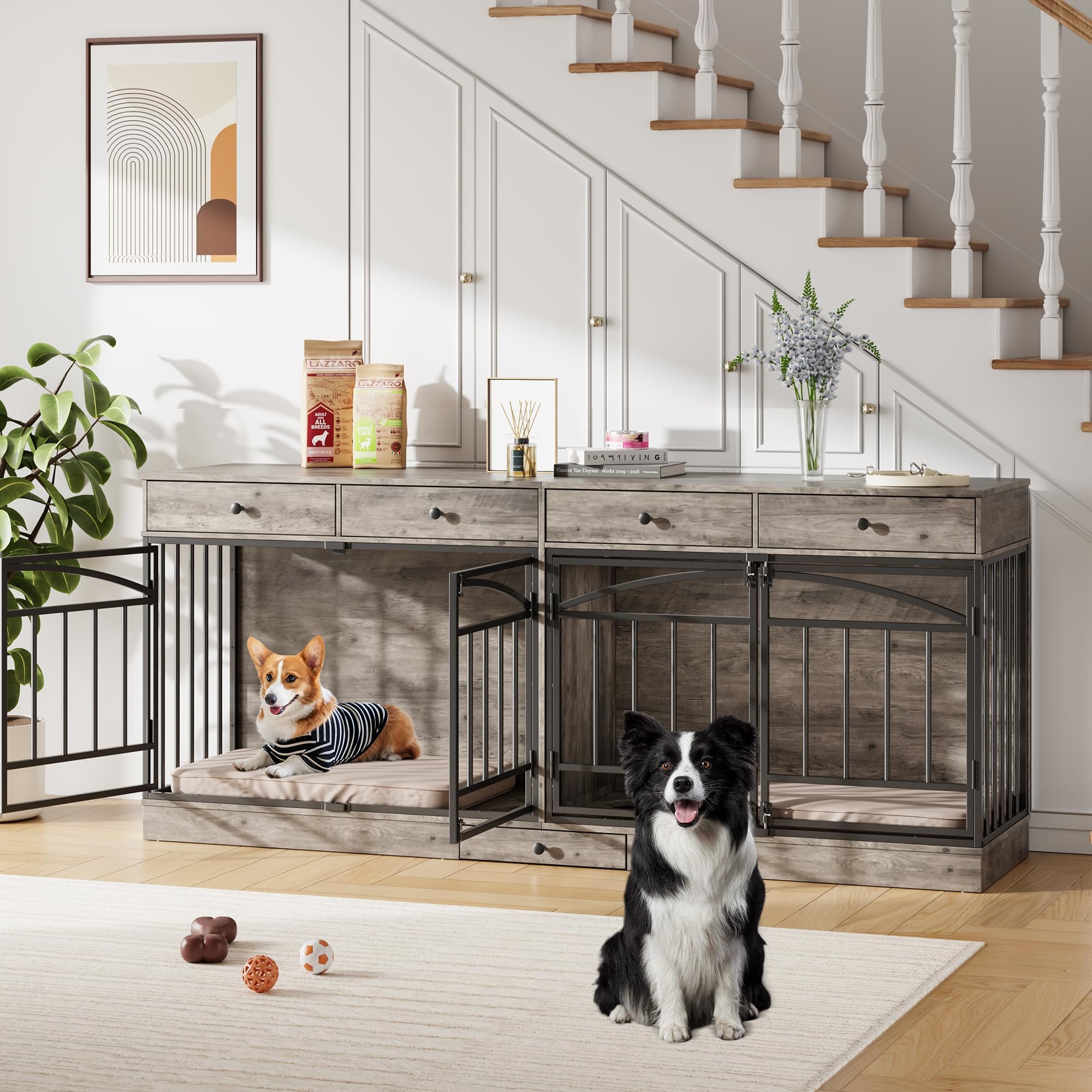 Garvee 78.7" Double Dog Crate Furniture with Storage and 4 Doors, Dog Kennel Indoor with Feeding Bowls, Wood Dog Crate TV Stand for Small Medium Dogs, Gray