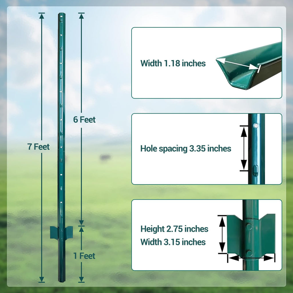 Garvee 7FT Heavy Duty U-Channel Fence Post Stakes (10-Pack) - 6ft Above Ground Metal T-Post Ram Guards with Stabilizing Anchor Plates & 3.35" Pre-Drilled Hole Spacing for Farm, Garden, & Orchard (Green)