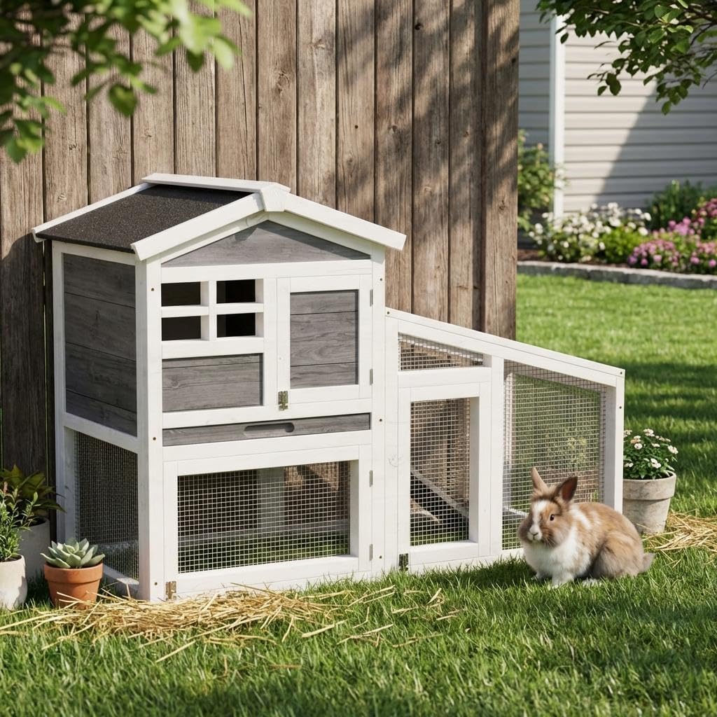 Garvee Large Outdoor Rabbit Hutch, 2-Tier 53" Wooden Small Animal Cage with Removable Tray, Anti-Chew, Weatherproof Rabbit Hutch with Non-Slip Ramp – Ideal for Rabbits, Guinea Pigs, Chickens, Gray