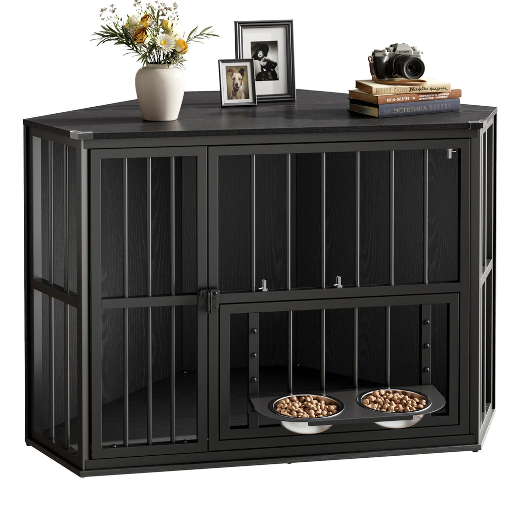 Garvee Space-Saving Corner Dog Crate Furniture – Wooden Indoor Kennel End Table with 360° Rotating Door, Stainless Steel Feeding Bowls, Decorative Design for Small Breeds, Black Relief + Black Iron Frame