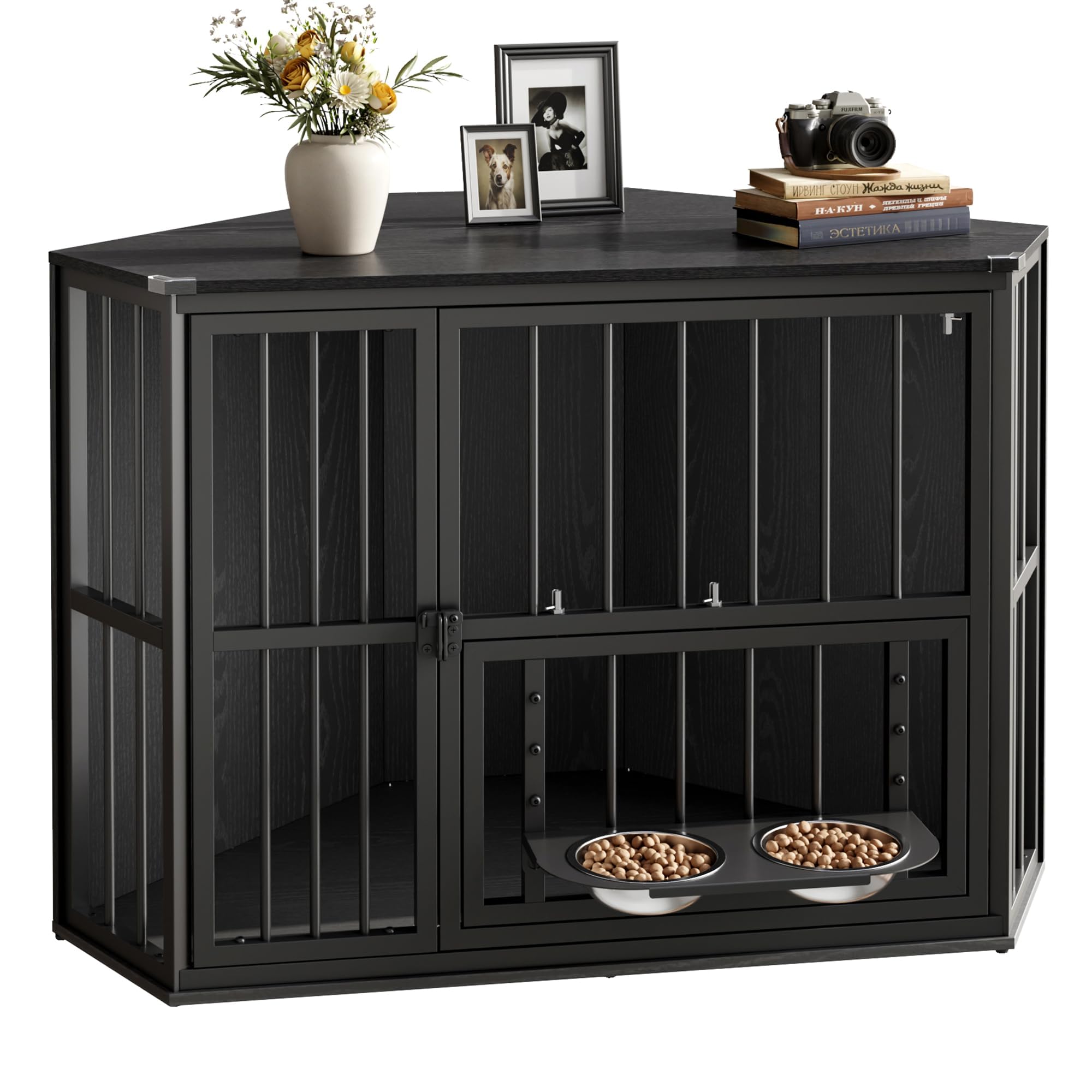 Garvee Space-Saving Corner Dog Crate Furniture – Wooden Indoor Kennel End Table with 360° Rotating Door, Stainless Steel Feeding Bowls, Decorative Design for Small Breeds, Black Relief + Black Iron Frame