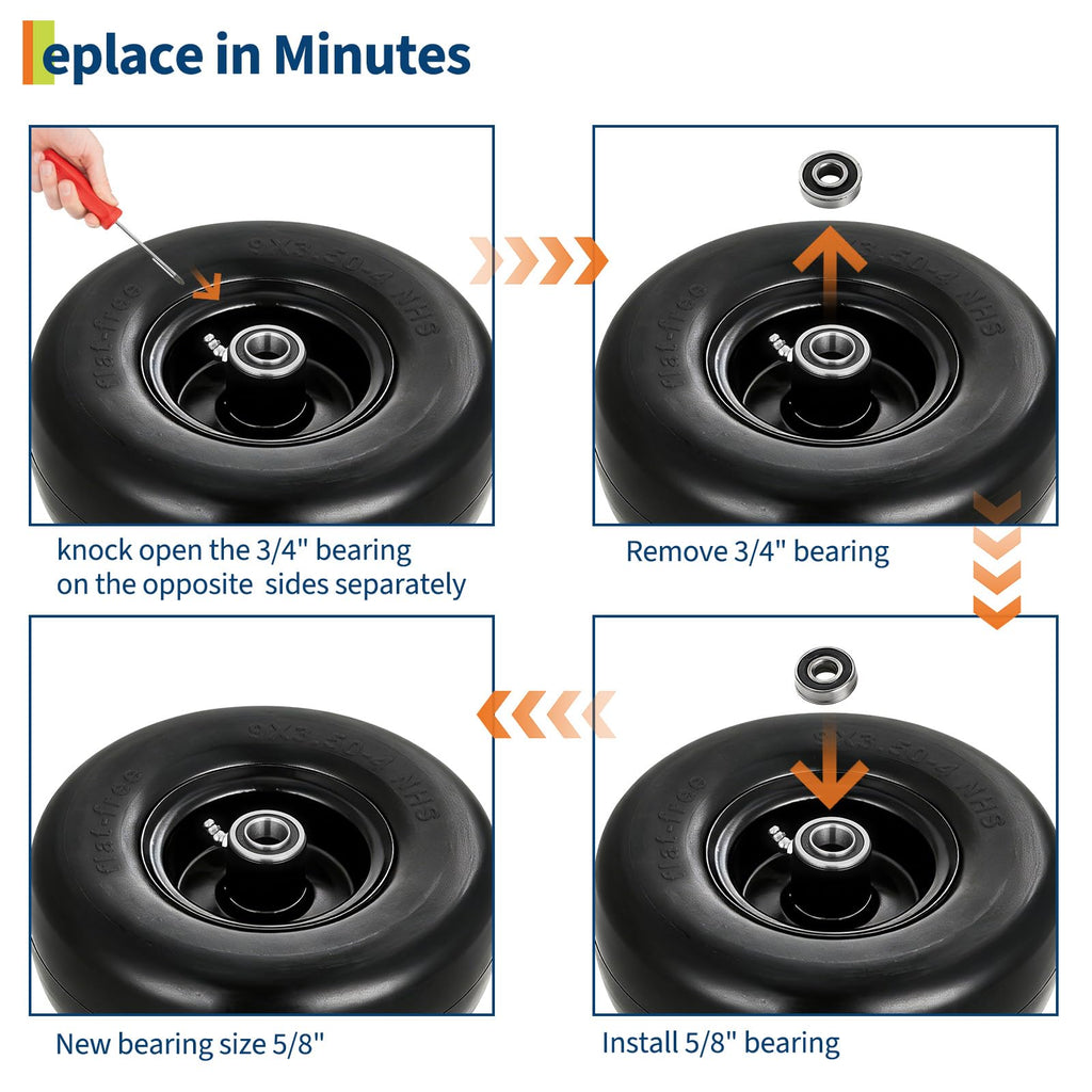 Garvee 2 Pack 9x3.50-4 Flat Free Lawn Mower Tire with PU Foam, Steel Rim, 3/4" 5/8" Bushings, Durable, Zero Maintenance for Push Mower