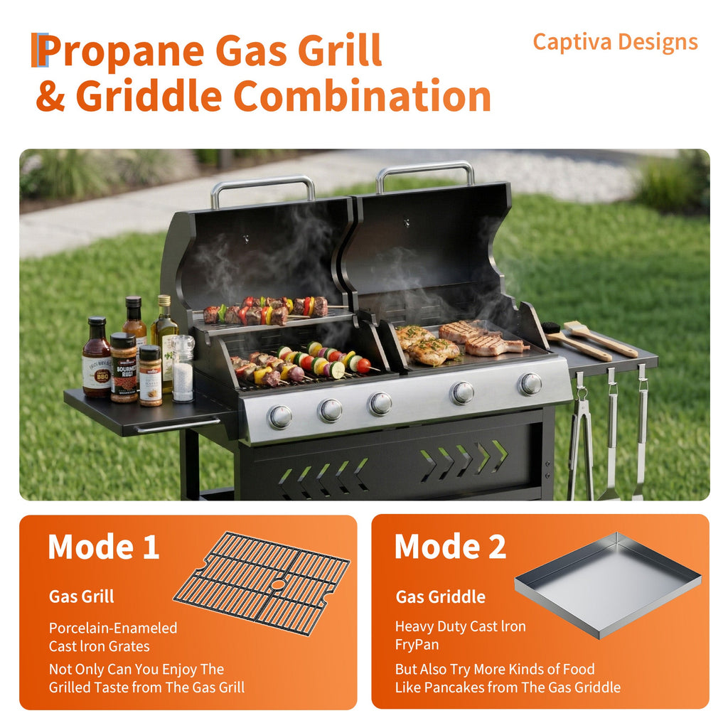 Garvee 5 Burner Propane Gas Grill Griddle Combo with Porcelain Enamel Cast Iron Grate & Cast Iron Pan – Dual BBQ Grill with Flat Top Griddle, 40,000 BTU Large Outdoor Gas Grill for Backyard Kitchen
