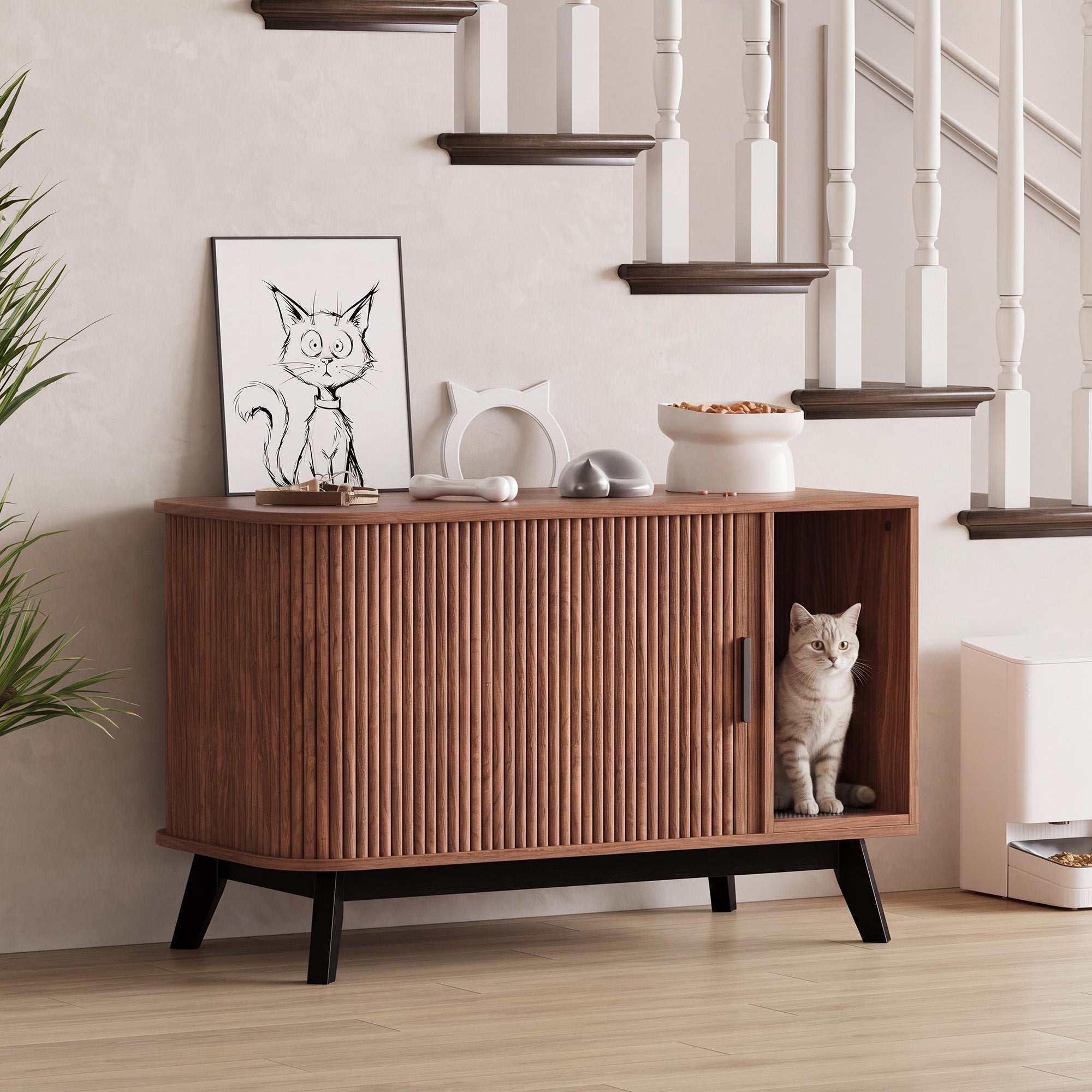 Garvee Modern Hidden Cat Litter Box Furniture – 39" Cat House End Table with Sliding Door, Litter Mat, Multi-Functional Pet Enclosure for Living Room – Walnut