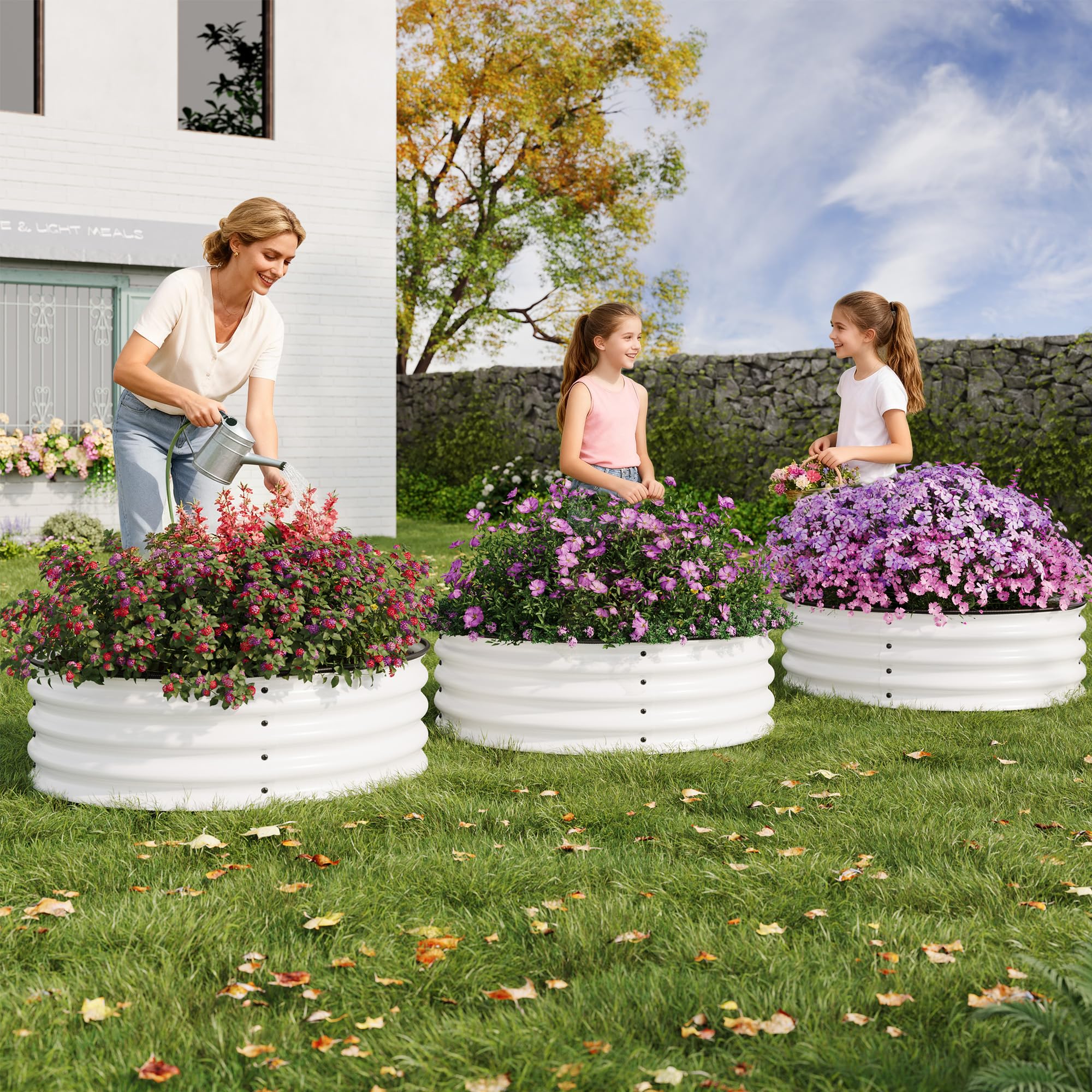 Garvee 3-Pack Round Metal Raised Garden Bed, 2x1FT Galvanized Planter Boxes, Open Bottom, Rust-Resistant, Safe Edge, Easy Assembly for Vegetables, Flowers & Herbs – White