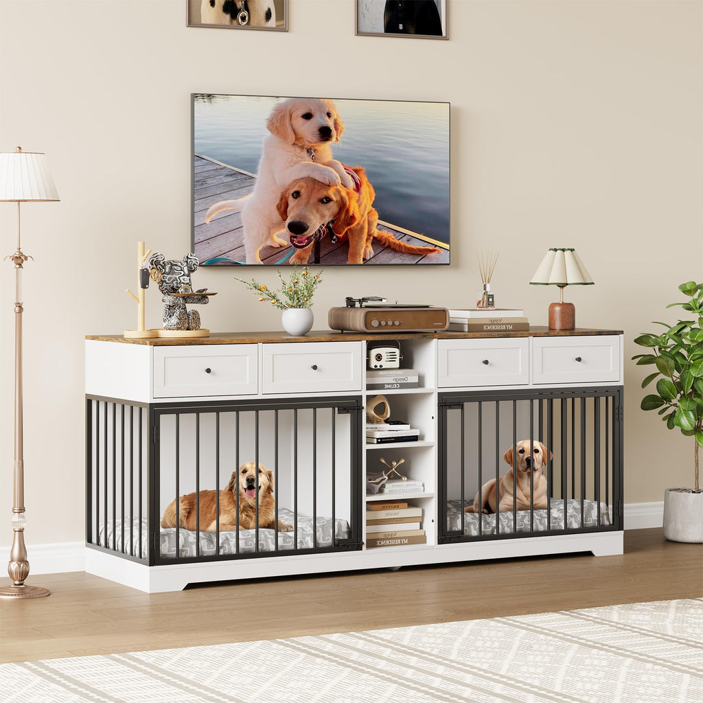 Garvee 82" Large Dog Crate for 2 Dogs, Dog Kennel Indoor with 4 Drawers and Shelves, Double Dog Crate Furniture TV Stand, Wooden Dog Cage for Medium Large Dogs, White