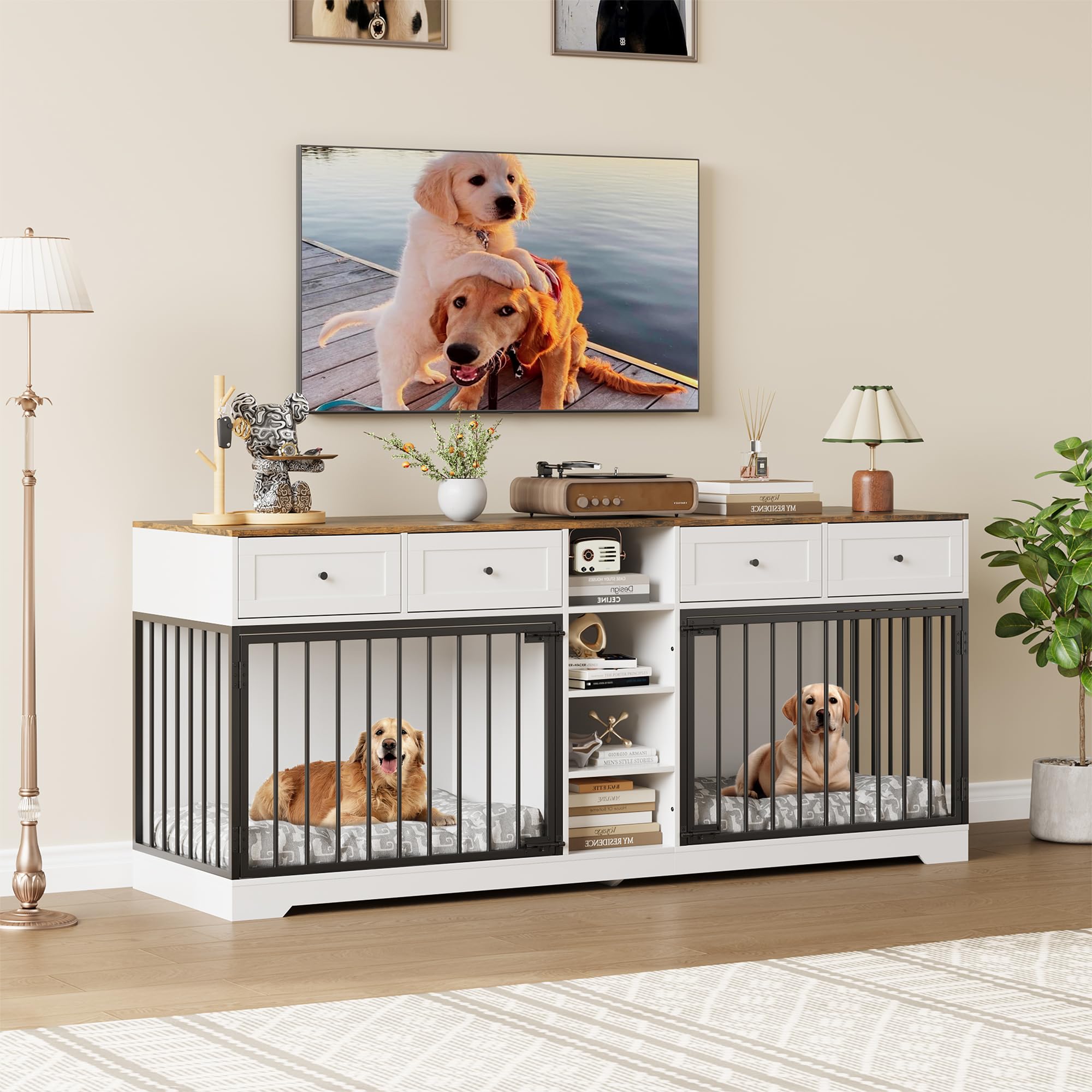 Garvee 82" Large Dog Crate for 2 Dogs, Dog Kennel Indoor with 4 Drawers and Shelves, Double Dog Crate Furniture TV Stand, Wooden Dog Cage for Medium Large Dogs, White