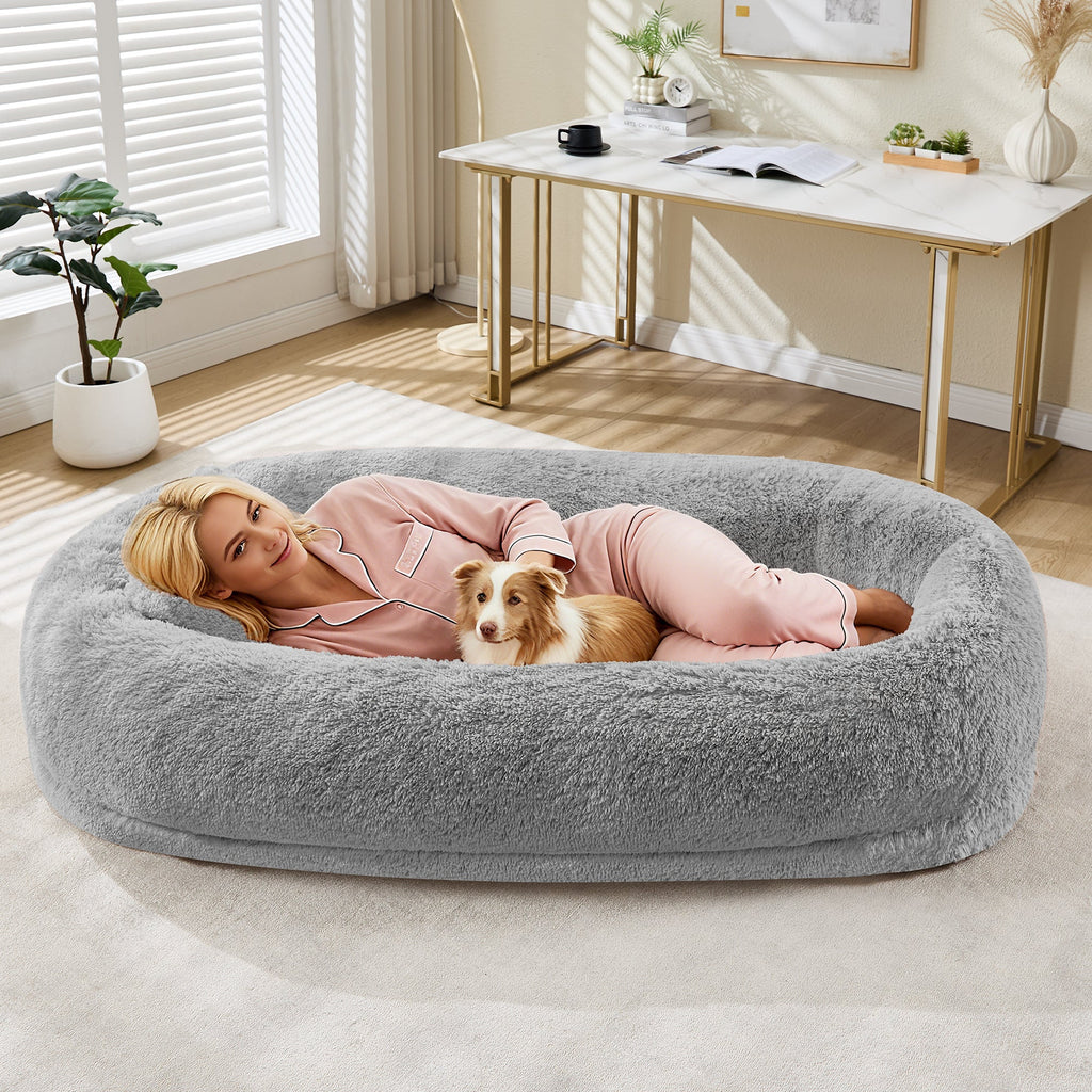Garvee Orthopedic Soft Faux Fur Human Dog Bed for Adults & Pets – Large 67"x43"x8" Lounger, Egg Crate Foam, Removable Pillow, Side Pocket, Handle, Washable Cover, Cozy Floor Bed, White Grey