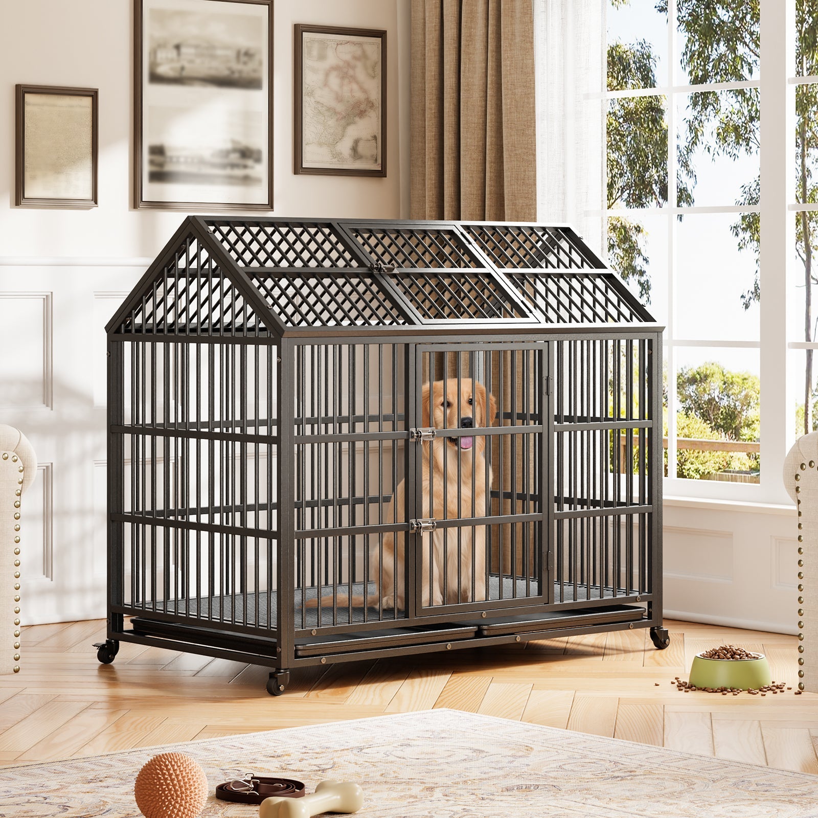 Garvee 52-Inch Escape-Proof Dog Crate, Indestructible Steel Dog Kennel with Locking Wheels, Anxiety Relief Pet Cage for Medium/Large Dogs, Indoor/Outdoor Use
