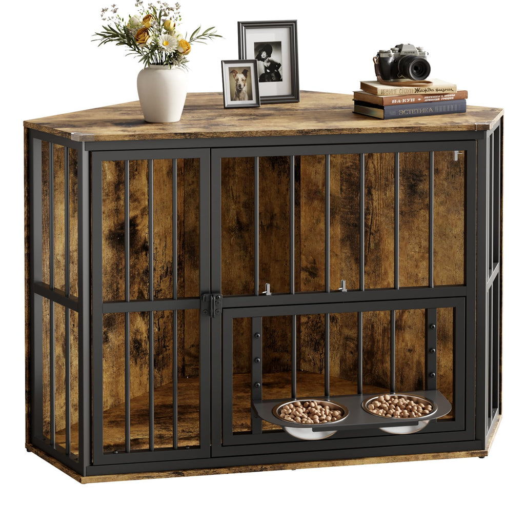 Garvee Space-Saving Corner Dog Crate Furniture – Wooden Indoor Kennel End Table with 360° Rotating Door, Stainless Steel Feeding Bowls, Decorative Design for Small Breeds, Vintage + Black Iron Frame, Brown