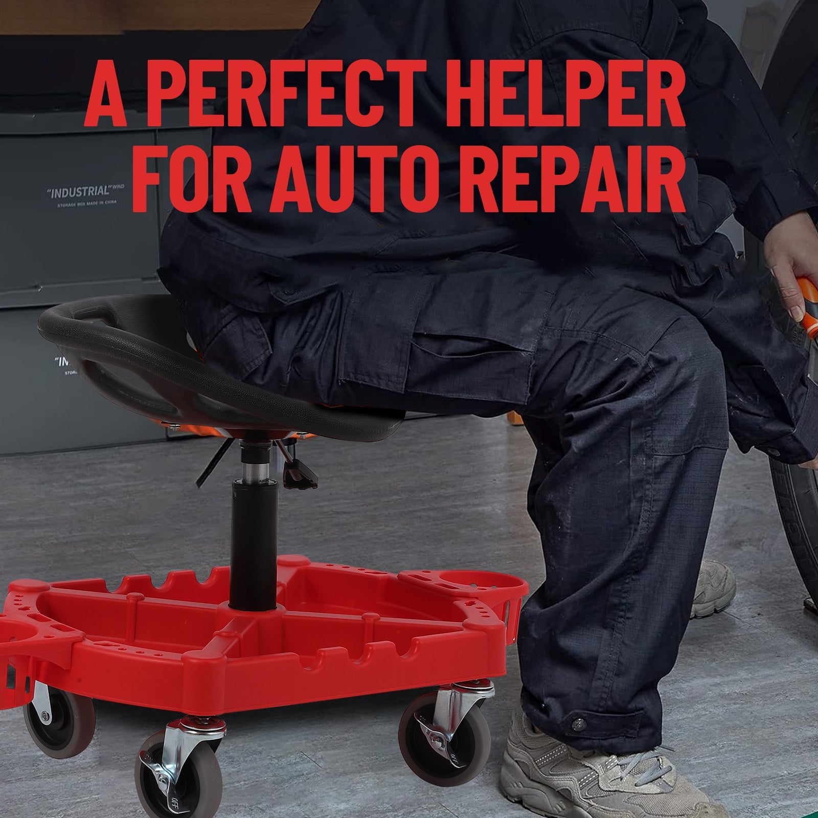 Garvee Heavy-Duty Adjustable Rolling Mechanic Stool, 300 lbs Capacity, 360° Swivel Wheels, Ergonomic Padded Seat with Short Backrest, Large Tool Tray, Water Bottle Holder, and Lifting Ring, Red