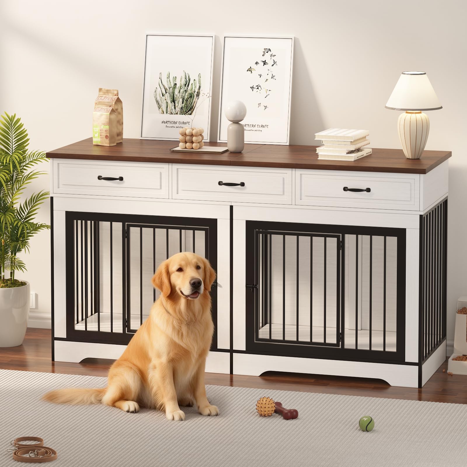 Garvee 71" Dog Crate Furniture for 2 Dogs, Heavy Duty Double Dog Kennel with 3 Drawers, Extra Large Furniture Style Indoor Dog Crate Table TV Stand  for Medium/Large Dogs, White&Walnut