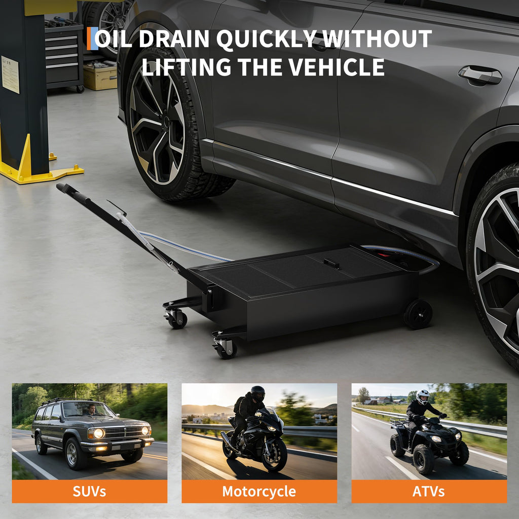 Garvee 15-Gallon Low-Profile Oil Pan with 12V Pump & 8 GPM Flow, Carbon Steel, Lockable Casters, 2m Hose - Cars, SUVs, Motorcycles