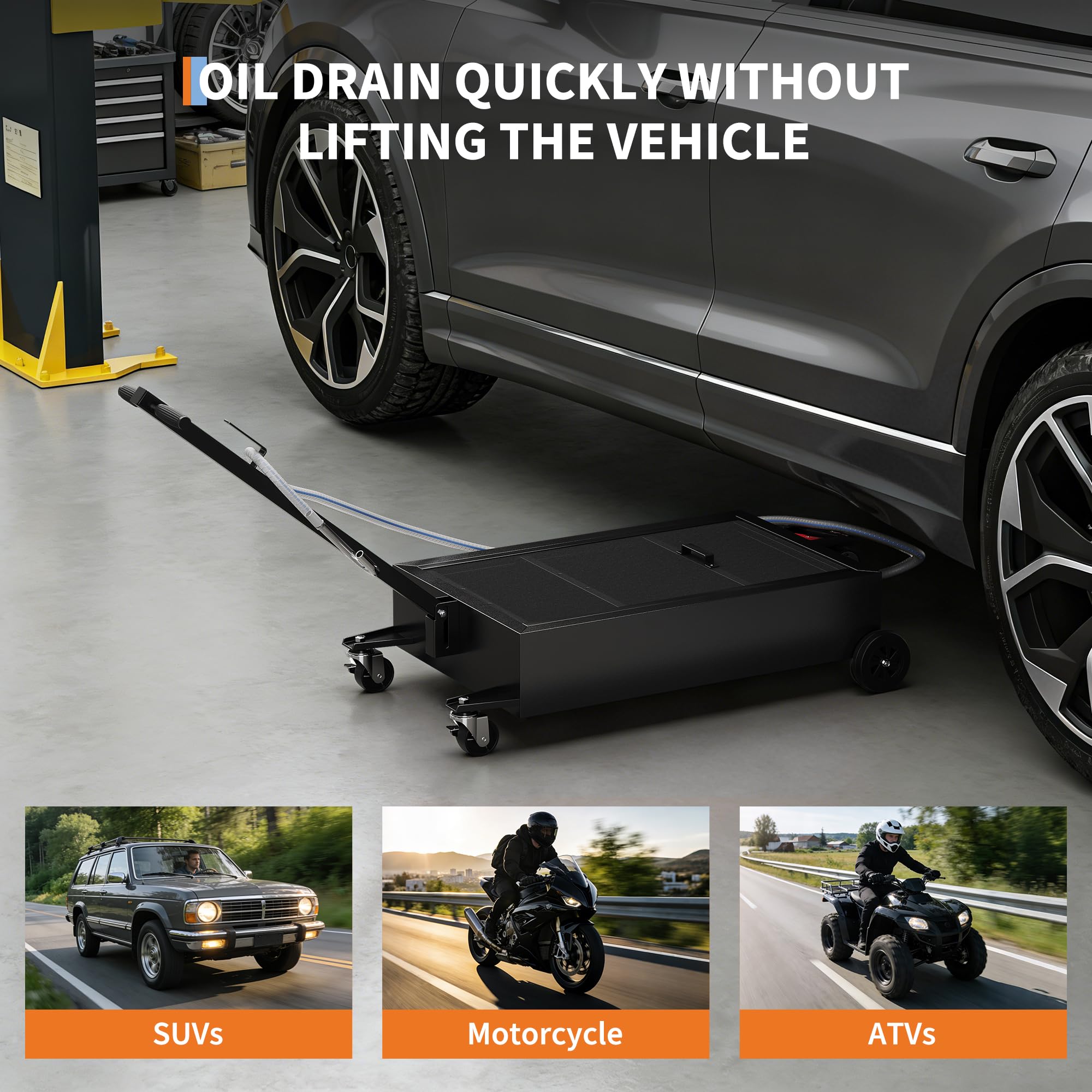 Garvee 15-Gallon Low-Profile Oil Pan with 12V Pump & 8 GPM Flow, Carbon Steel, Lockable Casters, 2m Hose - Cars, SUVs, Motorcycles