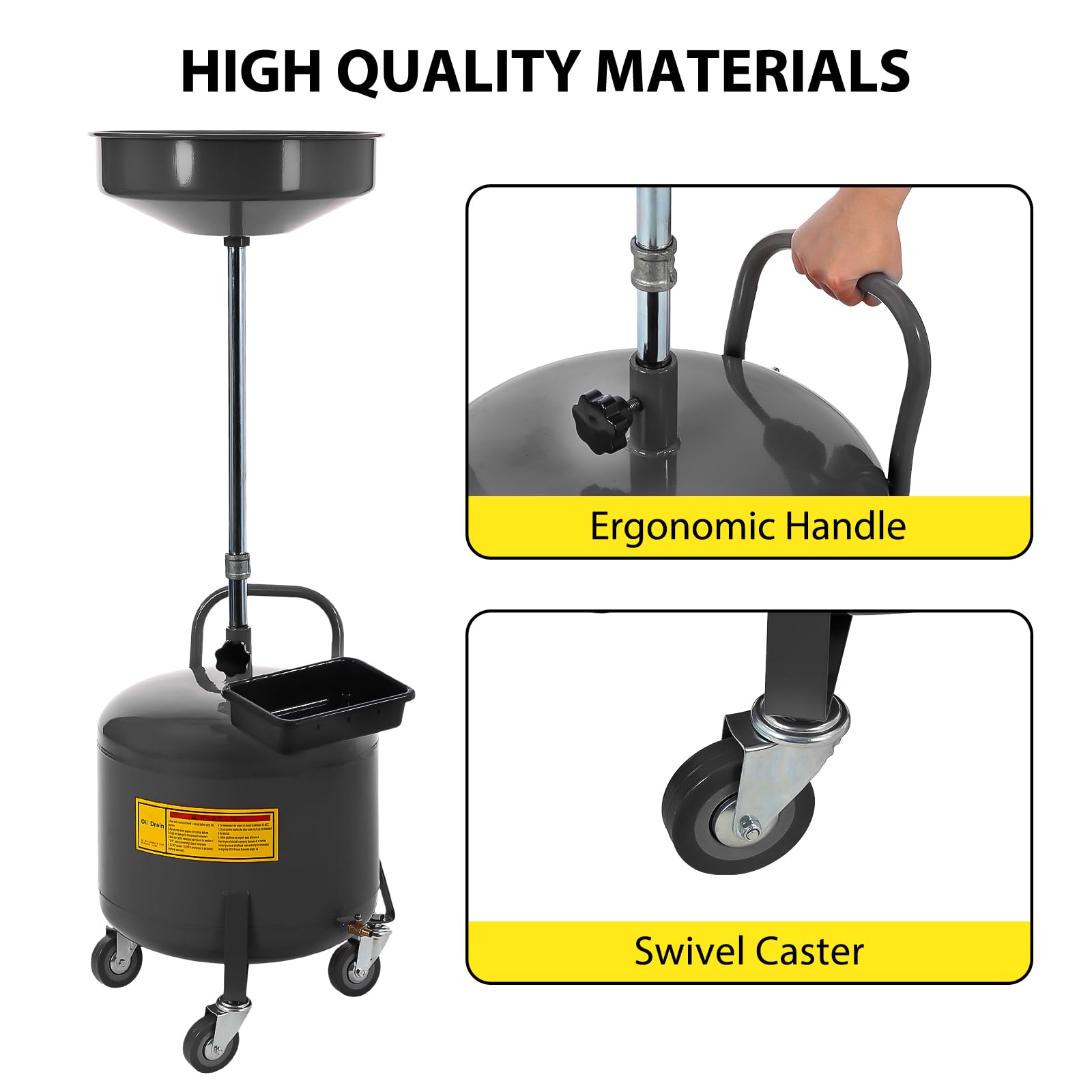 Garvee 20 Gallon Oil Drain Tank Portable Air Operated Drainer Adjustable Funnel Height Steel with Wheels Toolbox for Auto Repair Shops, Black