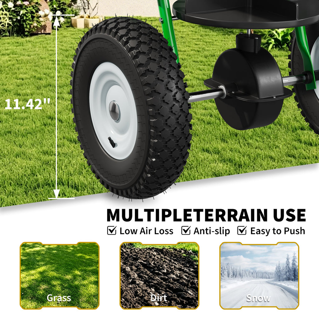 Garvee 85 lb Tow-Behind Broadcast Spreader with Adjustable Flow Control, 10-Inch Pneumatic Tires, Steel Frame & Universal Hitch for Seed, Fertilizer, Salt and Ice Melt, Black & Green